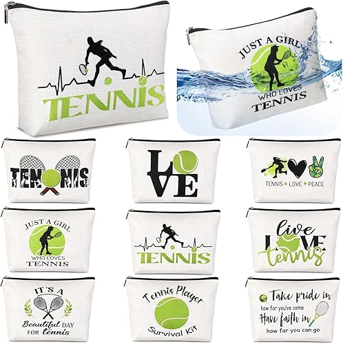 Pinkunn 9 piezas de regalos de tenis para mujeres, bolsa de maquillaje de tenis, bolsa de accesorios de tenis, bolsa de viaje con cremallera para