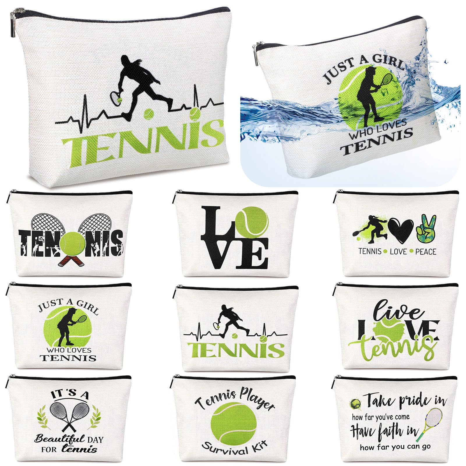 Pinkunn 9 Pieces Tennis Gifts for Women Tennis Makeup Bag Tennis Accessories Pouch Bag for Tennis Travel Zipper Cosmetic Bags for Tennis Lover Player