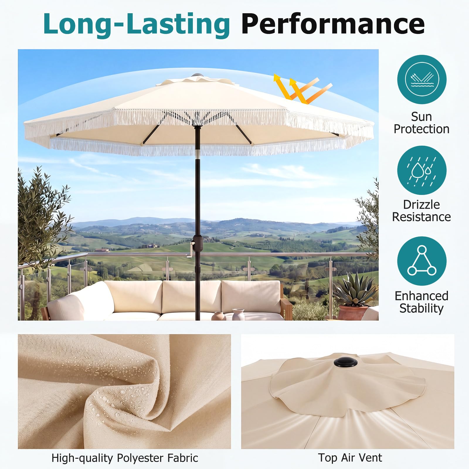 FANTASK Sonnenschirm 270 cm, Boho Gartenschirm mit Fransen, Balkonschirm rund mit Kurbel, beidseitig um 30° knickbar, UV-Schutz Gartenschirm, Balkonschirm für Balkon, Garten, Strand Pool (Beige)