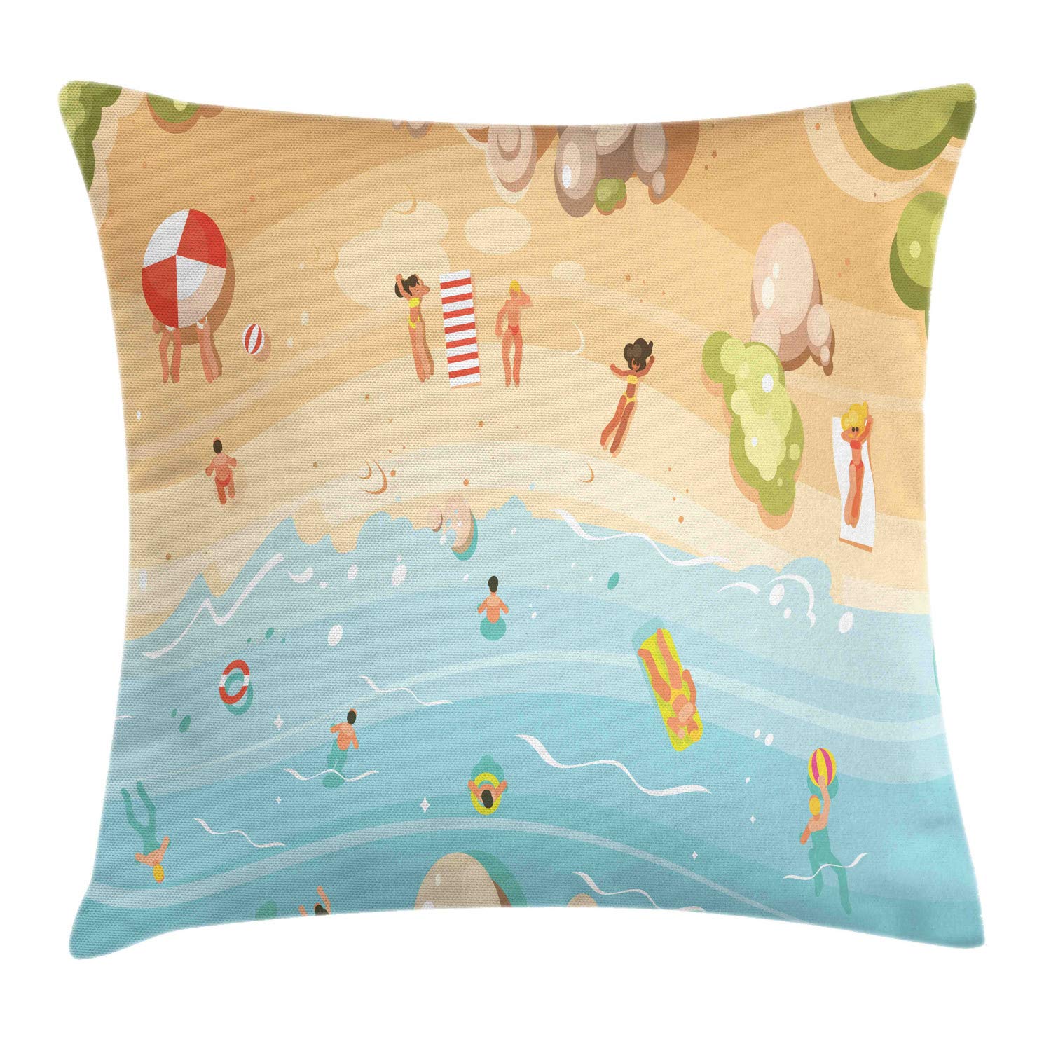 ABAKUHAUS Beach Graphic Federa Fodera Cuscino, Cartoon Coast Fun, Copricuscino Quadrato Decorativo, 40 cm x 40 cm, Multicolore