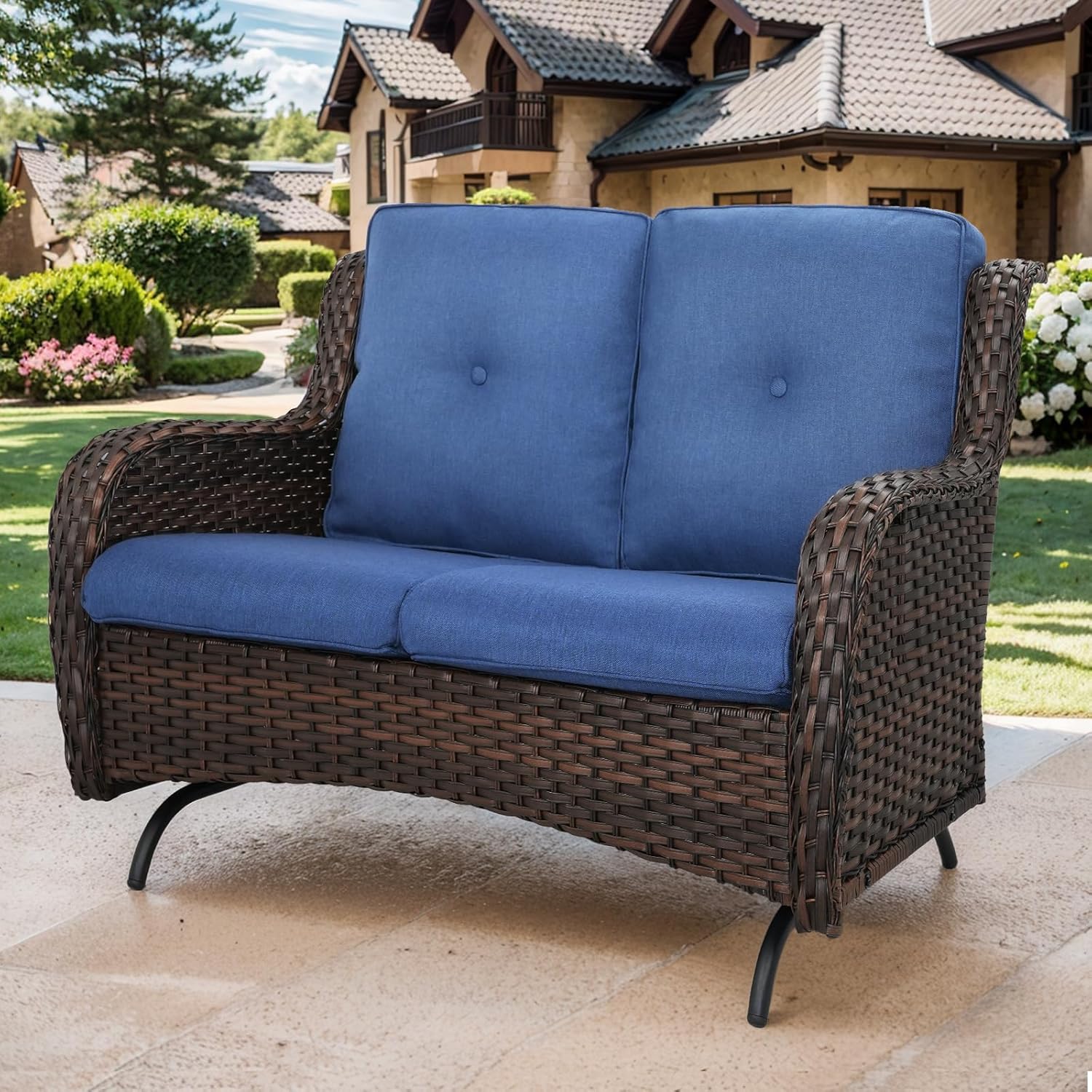 Patio Loveseat Wicker Loveseat Rattan Glider Sofa with Curved Armrest Thicking Back & Seat Cushions for Garden Balcony Backyard Brown Wicker|Blue Cushions (A) Patio Loveseat Glider Brown Wicker|blue Cushions (A)Patio Loveseat Glider
