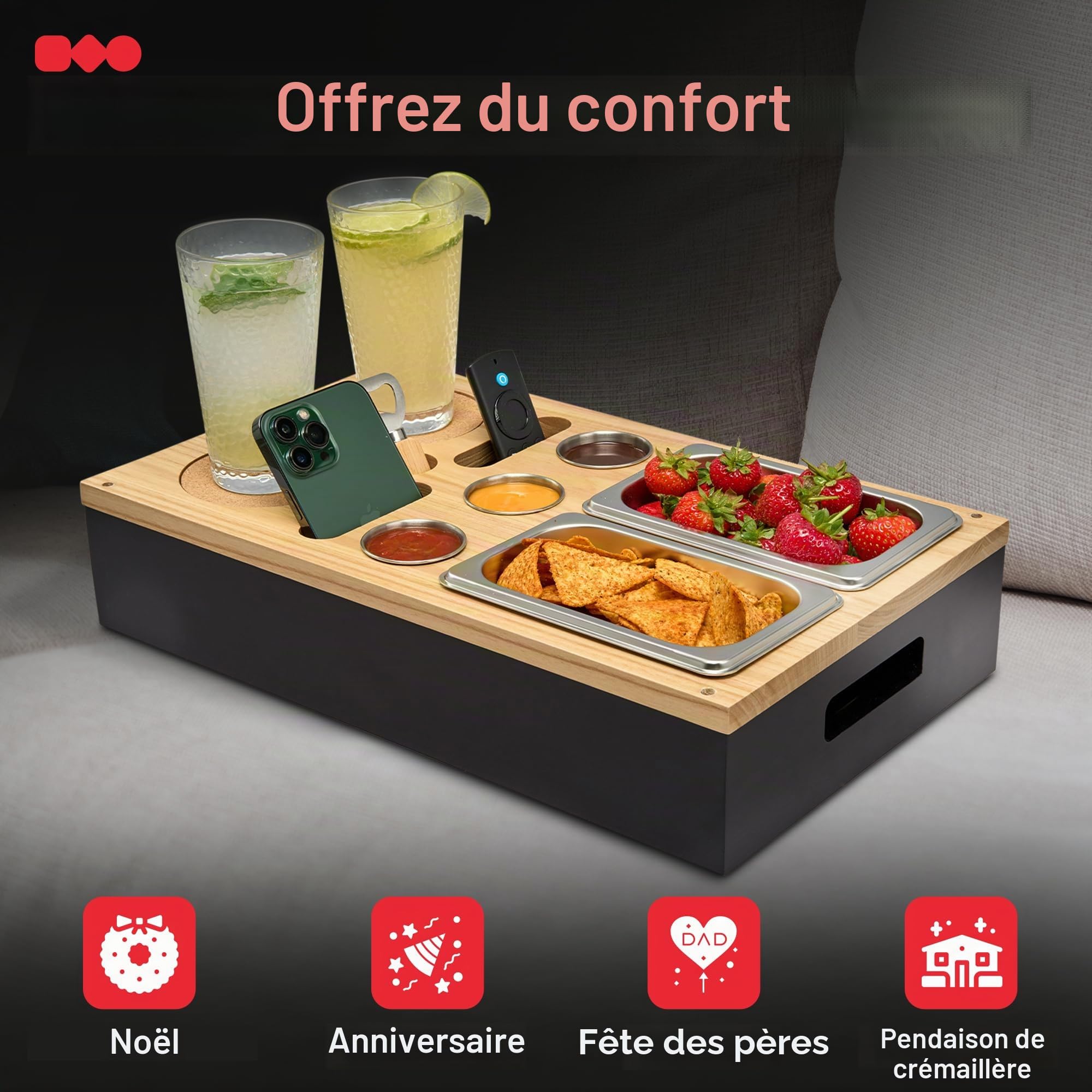 Bar à canapé de qualité supérieure - Bois de kiri - 3 couleurs - 3 bols à sauce, 2 bols à collation, 2 soucoupes, 1 décapsuleur, boîte à goûter, porte-bouteilles, plateau de service (noir)