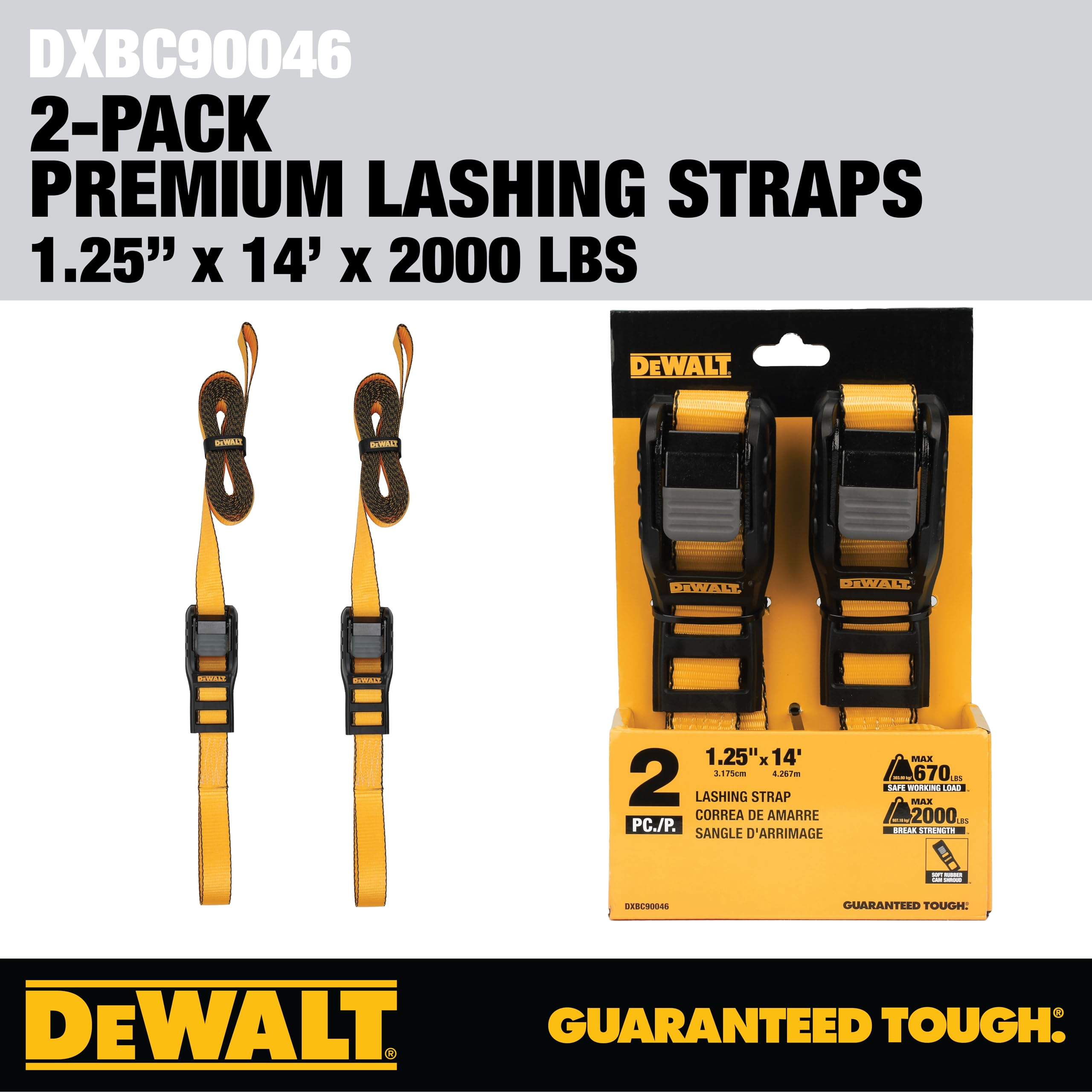 DEWALT DXBC90046 - Cinghie di ancoraggio di alta qualità, 3,2 x 3,2 cm, carico di lavoro sicuro 303,9 kg, resistenza alla rottura 0,9 kg, confezione da 2