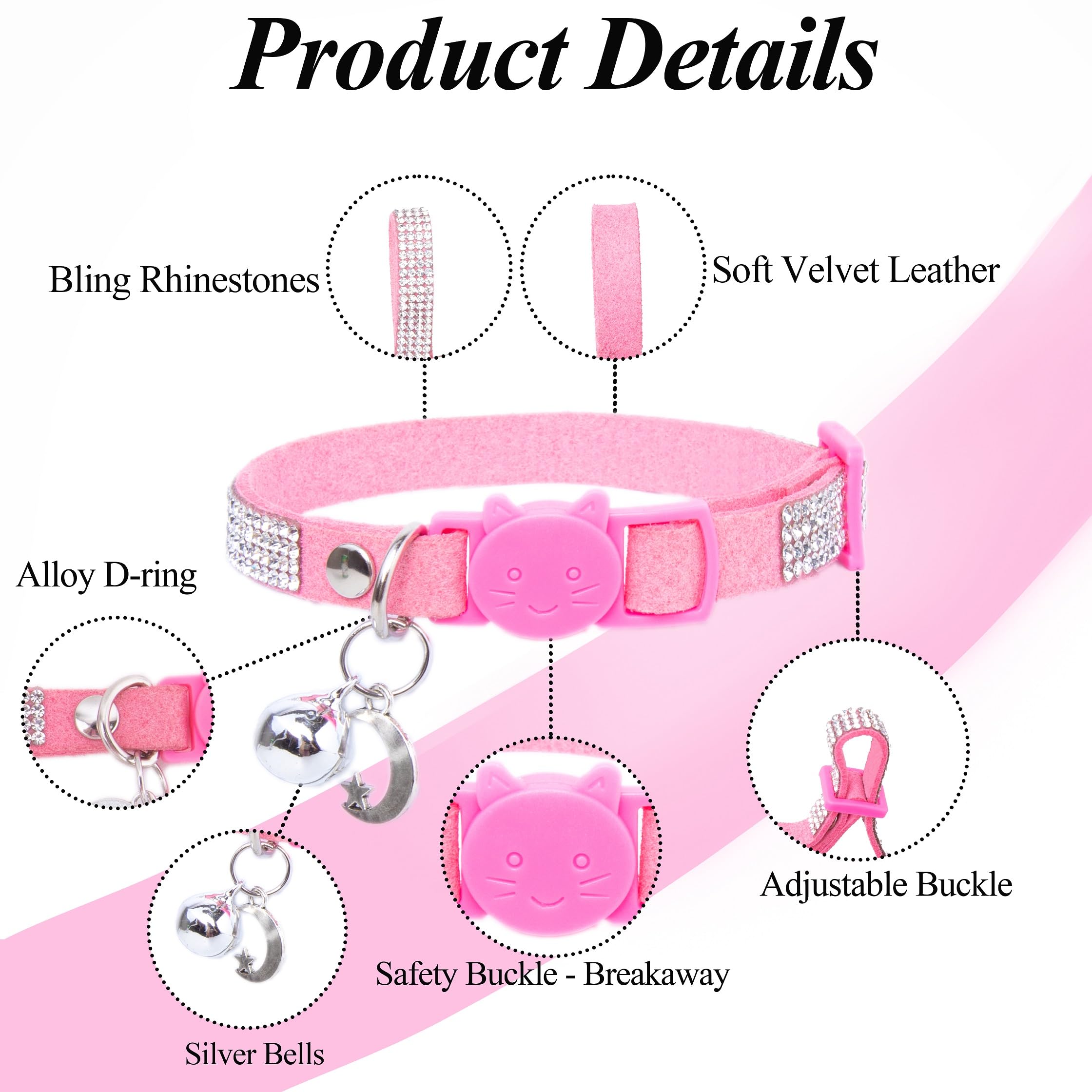 Rhinestone Cat Collar Breakaway Safety Buckle with Bell, Adjustable Diamond Girl Boy Kitty Cute Comfy Collar for Kitten Small Pets Rabbits, 7.5