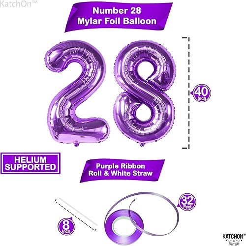 Miniatura 4 de KatchOn, Globo morado gigante del número 28, 40 pulgadas, globo de 28 años, globo morado del número 28, decoraciones de cumpleaños 28 para mujer,