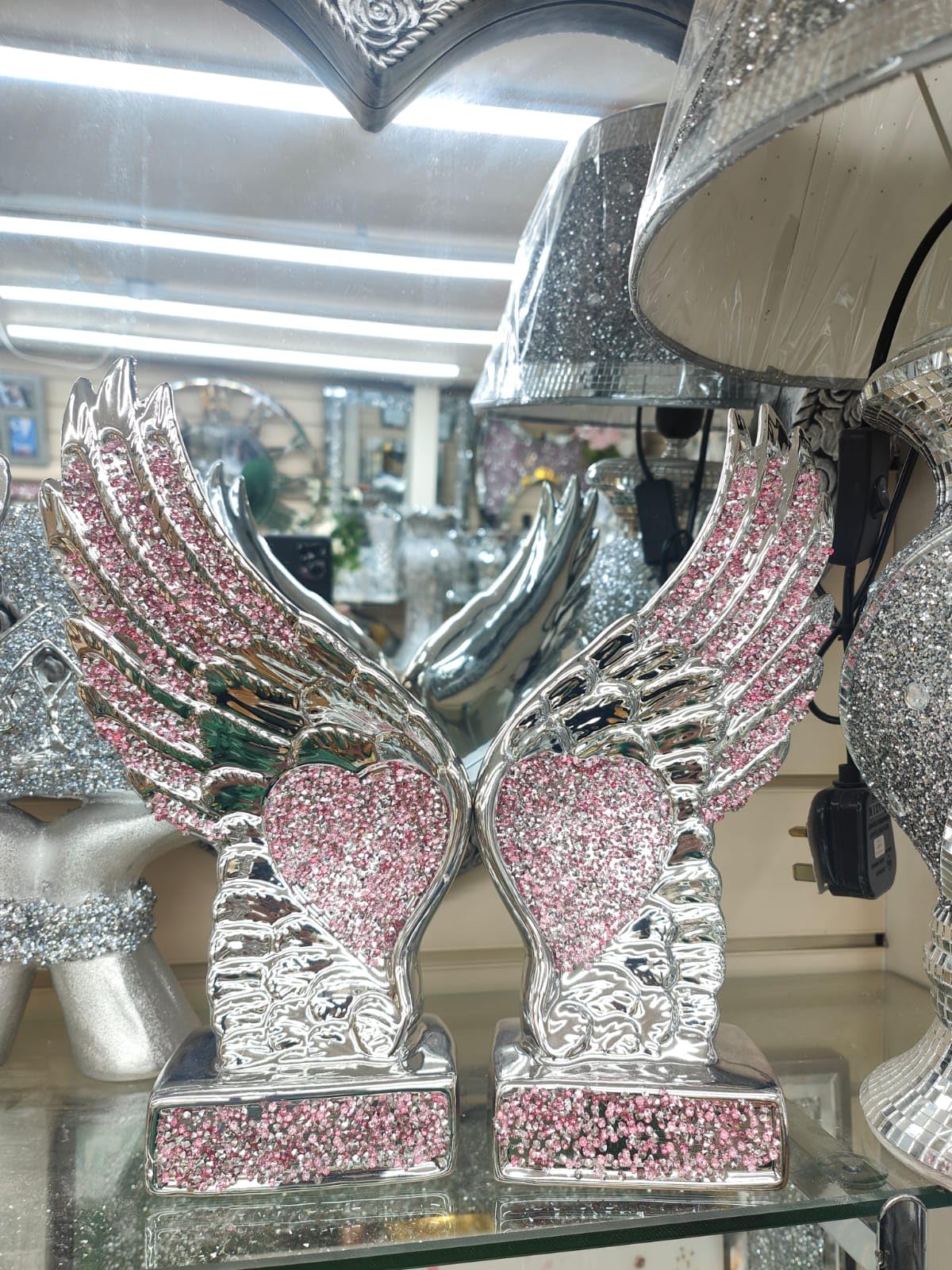 DEENZ Silver Crushed Diamond Sparkly Pair Wings Angel Decoration Shelf Sitter Bling Home Decor Ornament (Pink)