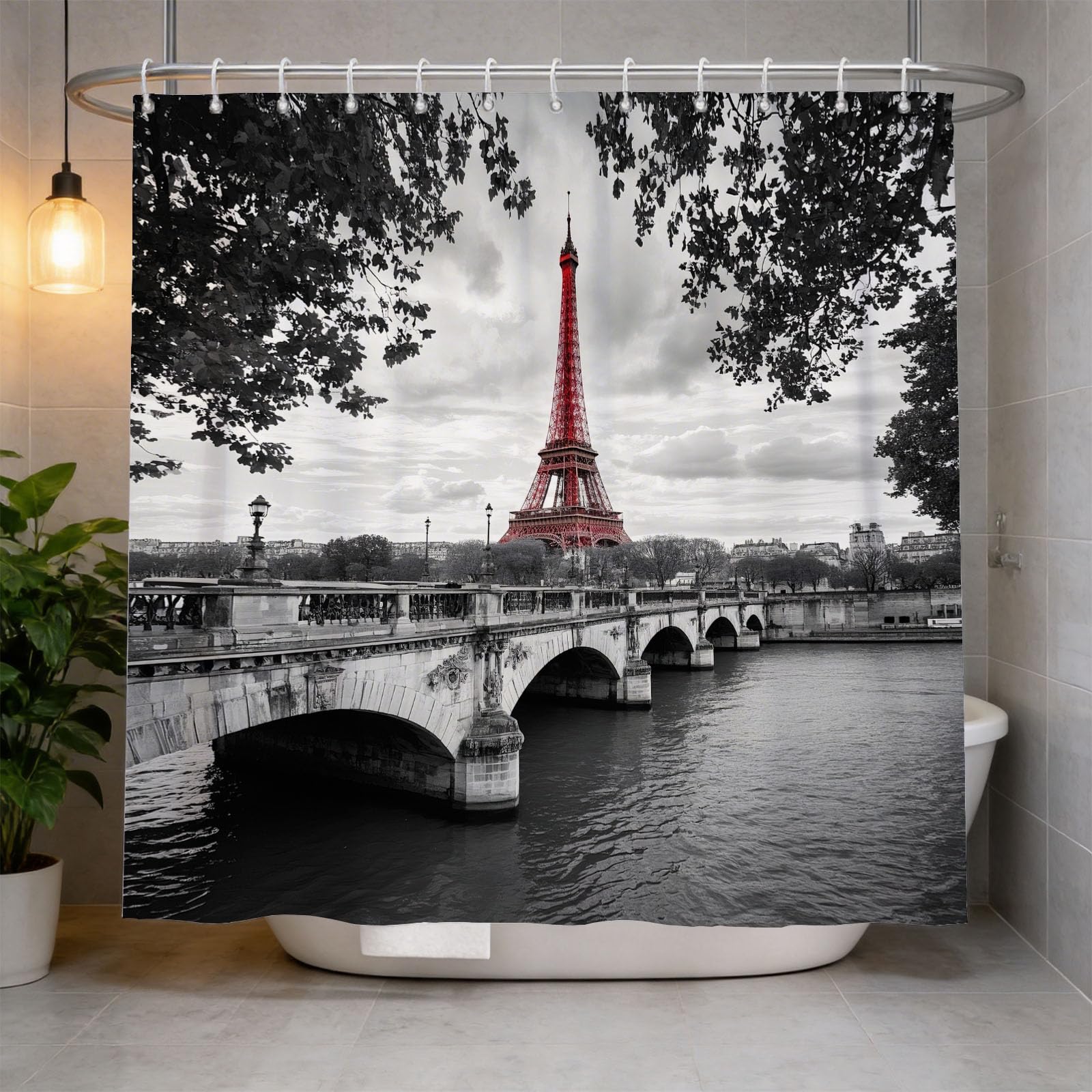 Hongduo 3D Eiffel Tower Shower Curtain for Stalls Bathtubs Romantic Bathroom Decor Shower Curtain Set Polyester Fabric Waterproof 200x200cm/79X79 Inch with Hooks