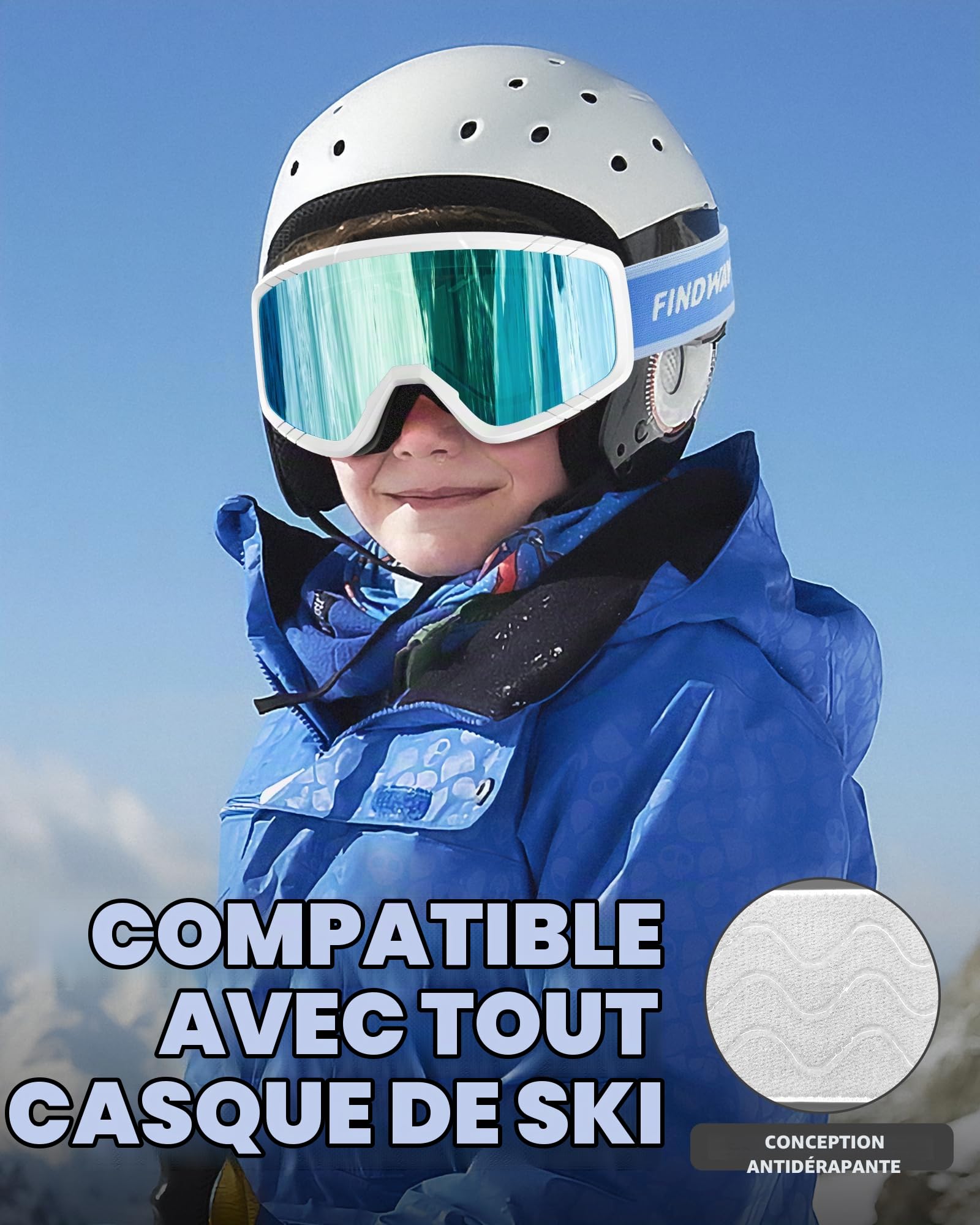 Findway Masque de Ski pour enfant, Lunettes de Ski OTG Masques de Snowboard, Anti buée, 100% Anti-UV Masque et Lunettes de Ski pour les garçons, les filles et les adolescents de 3 à 14 ans