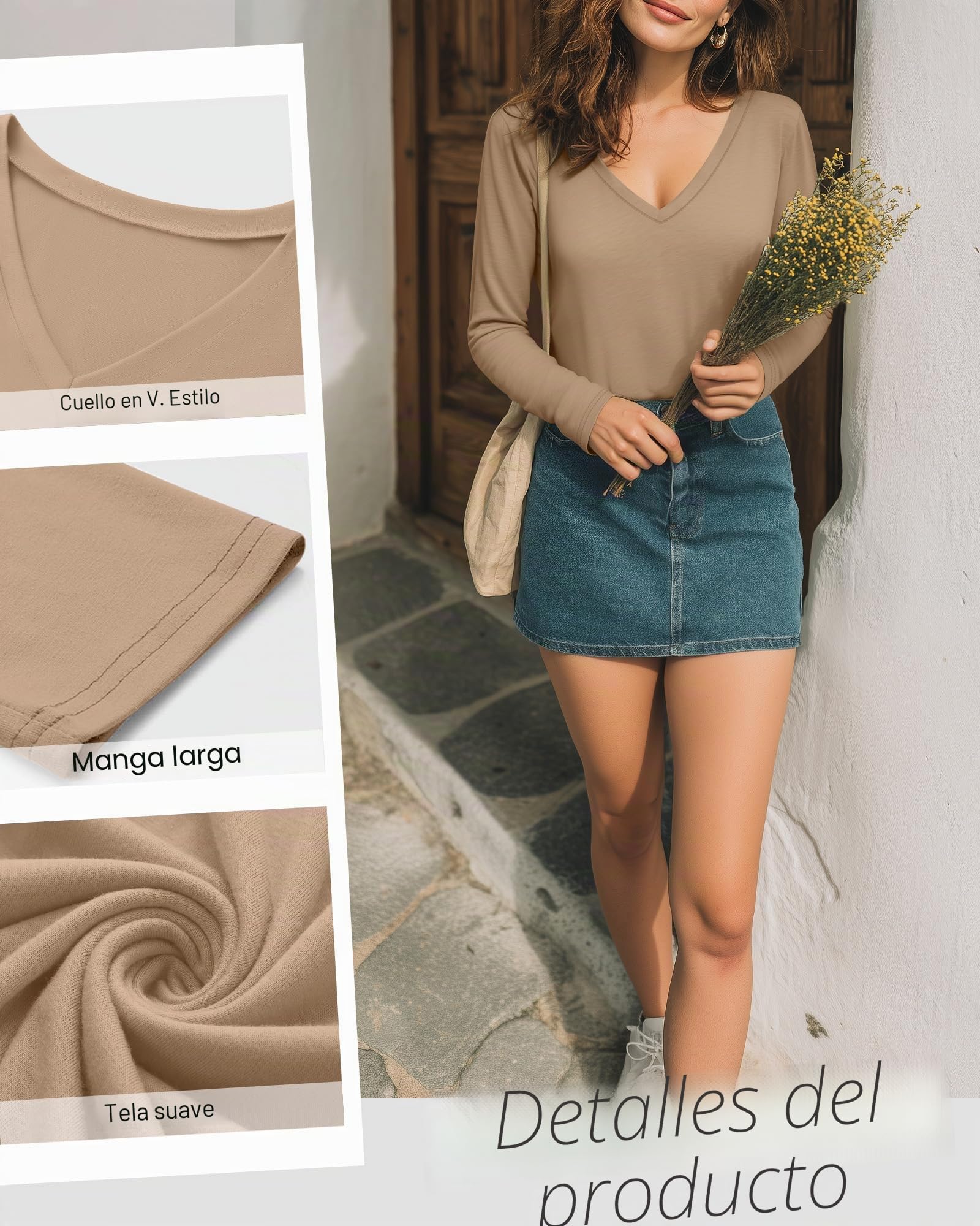 Neer Camisetas para Mujer, Paquete de 4, Cuello en V, Manga Larga, Informales, Holgadas, Básicas, Dobladillo Recto, Lisas