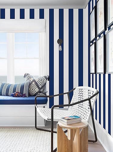 Miniatura 5 de Erfoni Papel tapiz de rayas de 17.7 x 118 pulgadas, papel de contacto azul y blanco, a rayas azul oscuro, papel tapiz autoadhesivo moderno, papel de