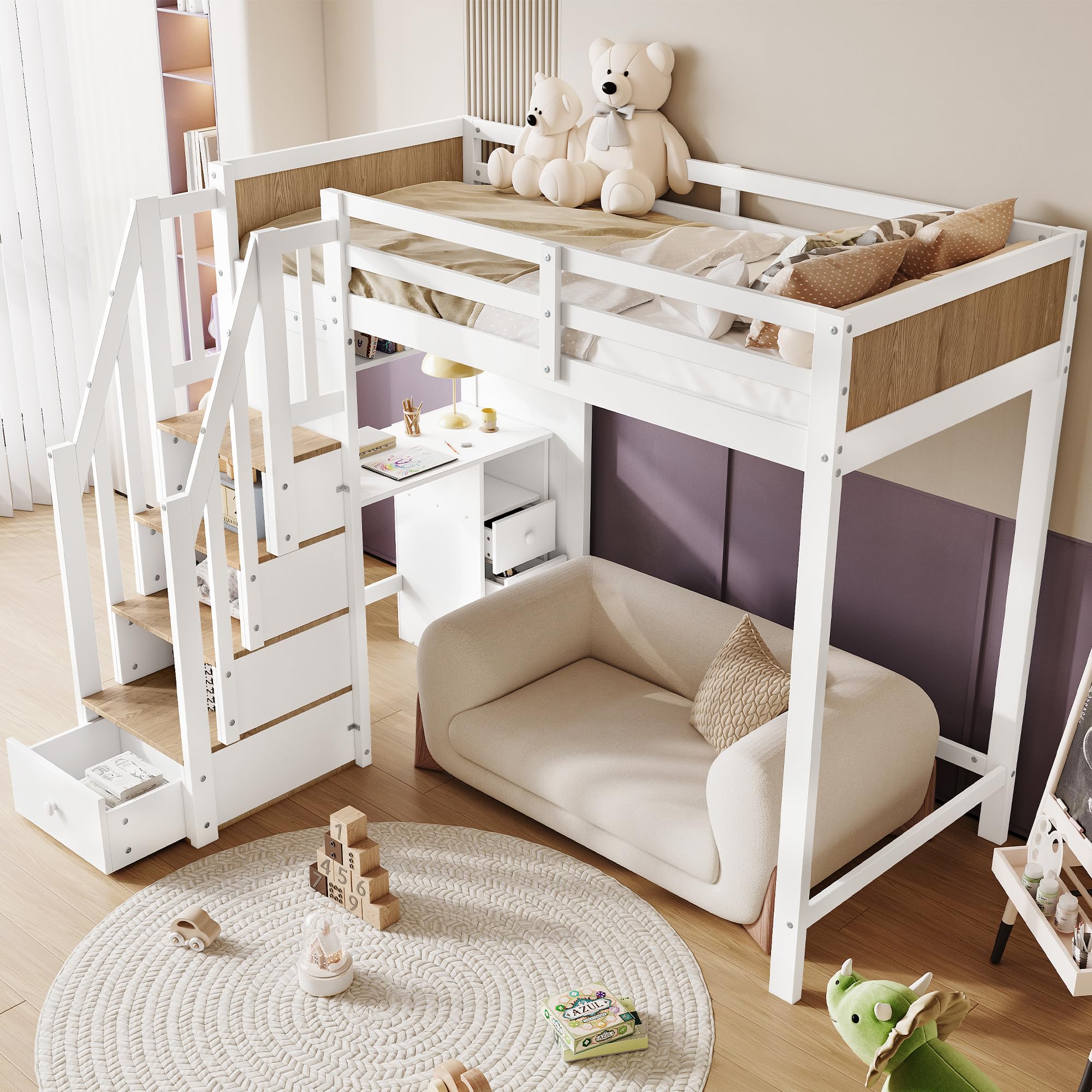 Lit Superposé 90x200 Bois de Pin Lit Tiroir avec Support à Lattes Sommier avec Compartiment de Rangement sans Matelas avec 3 Tiroirs avec Bureau Intégré avec Escalier Logement