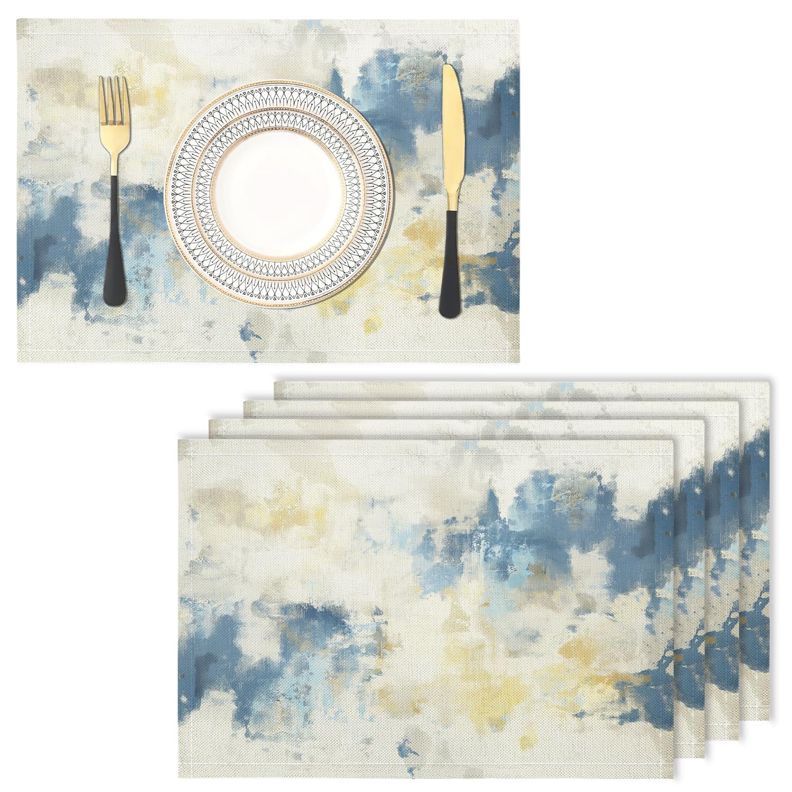 Cotton Linen Placemats - watercolor - Pack of 4 Graffiti Heat Resistant Washable Dinner Mats Kitchen Dining Place Dinner Table Setting