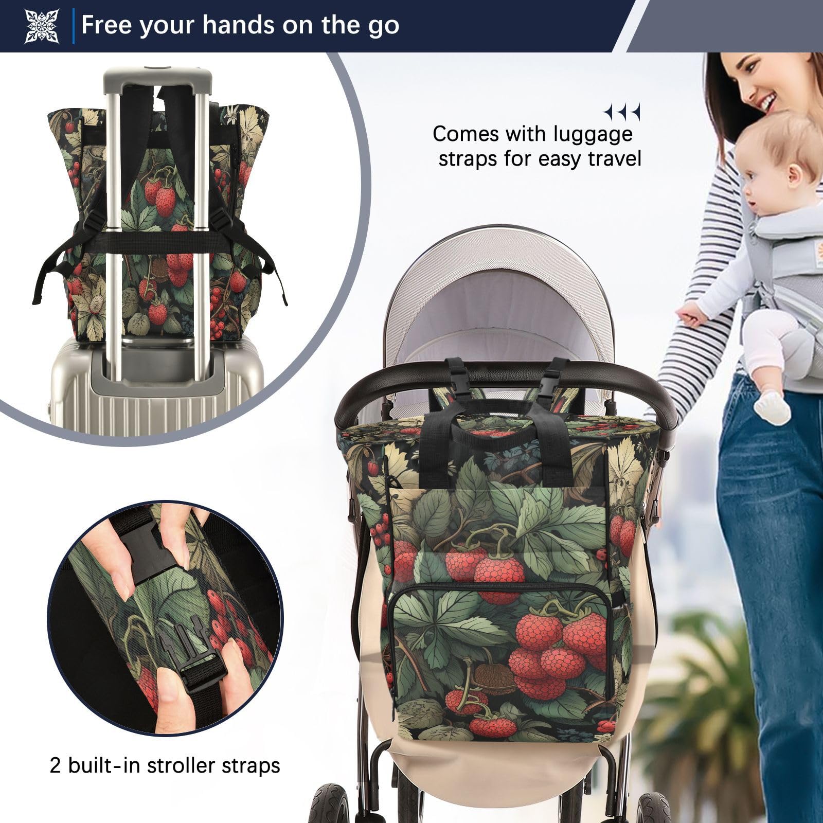 Fruta Baya Roja Bolsa de Pañales Mochila de Viaje Gran Capacidad Bolsas para Mamá Papá Mujeres Niñas