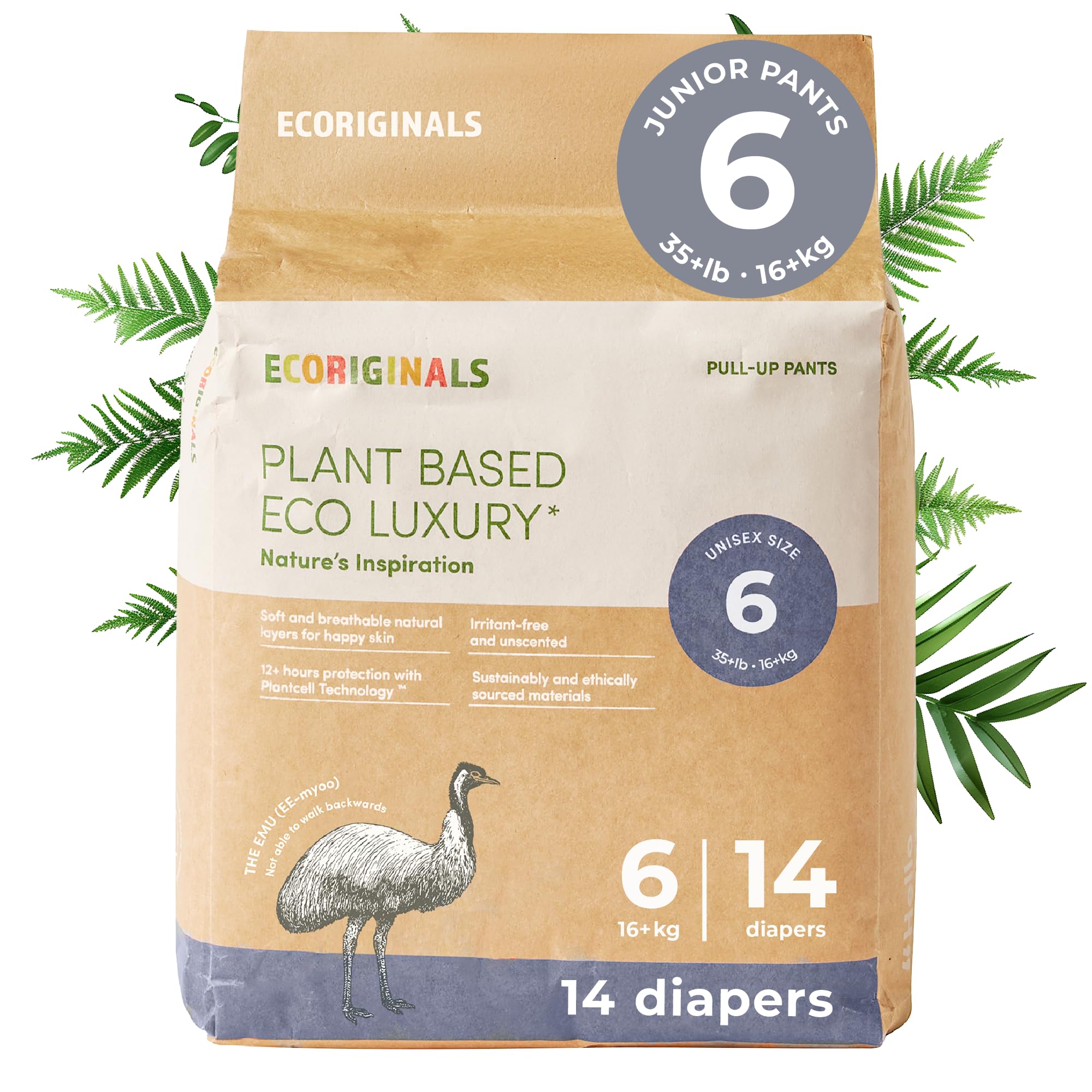 Ecoriginals - 14 Eco Junior Pull-Ups - Trainer Pants with 100% Plant-Based Layers, Disposable Diaper & Hypoallergenic Kids Toilet Training Pants - Secure Fit Size 6 Easy Ups (35 lbs+), 1 Pack