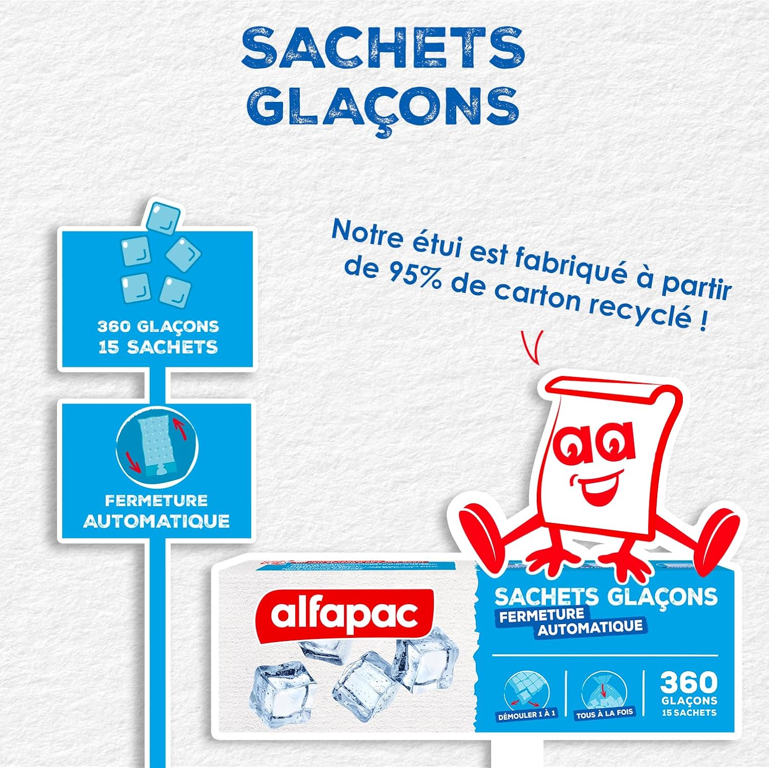 Alfapac - 15 Ice Cube Bags - Automatic Closure - Easy Release - 300 Ice Cubes