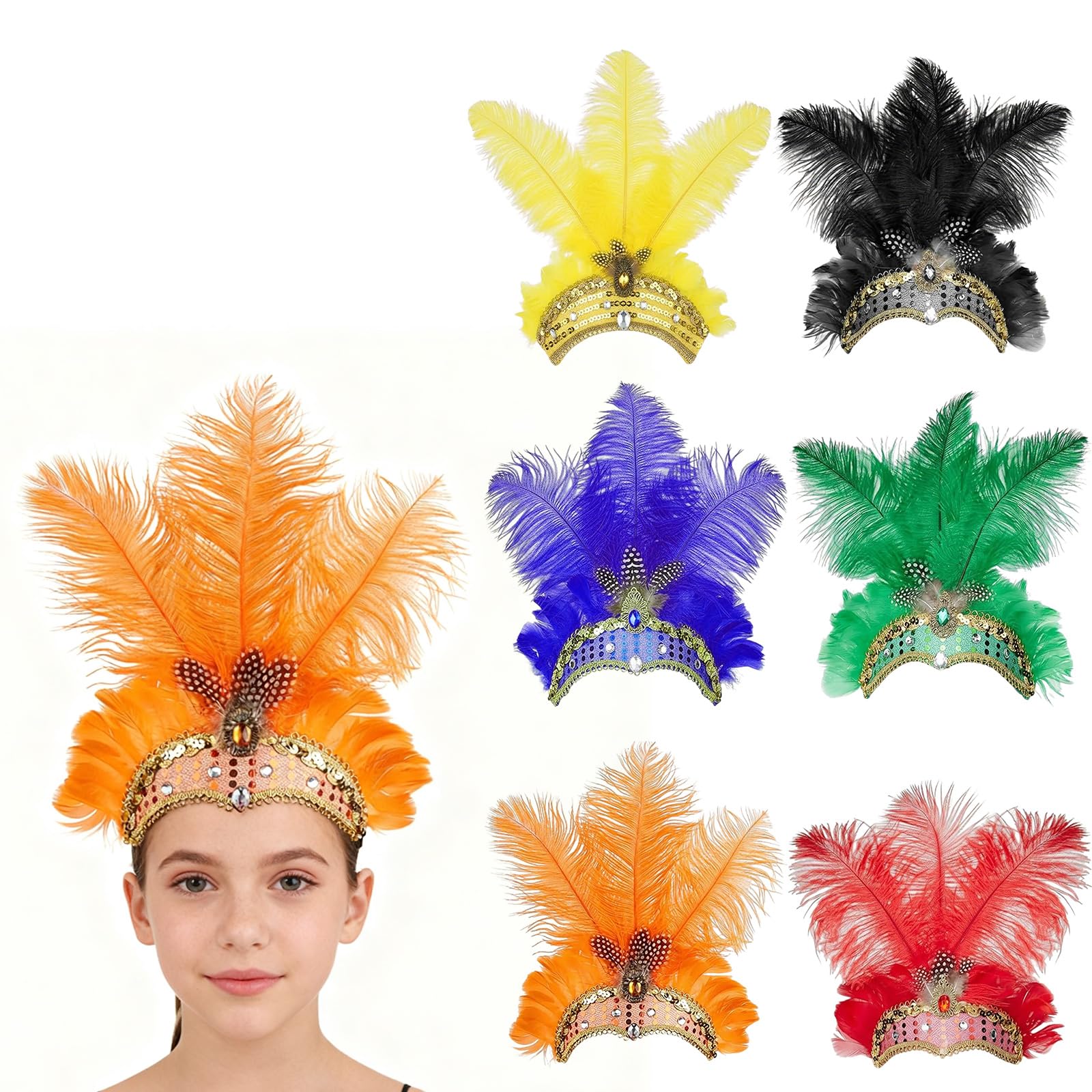 FUNLOV Feather Headpiece for for Women Girls, Women's Carnival Feather Headpieces Sequin Headdress for Wedding, Masquerade Party, Cosplay, Showgirl Headbands Accessories (Orange)