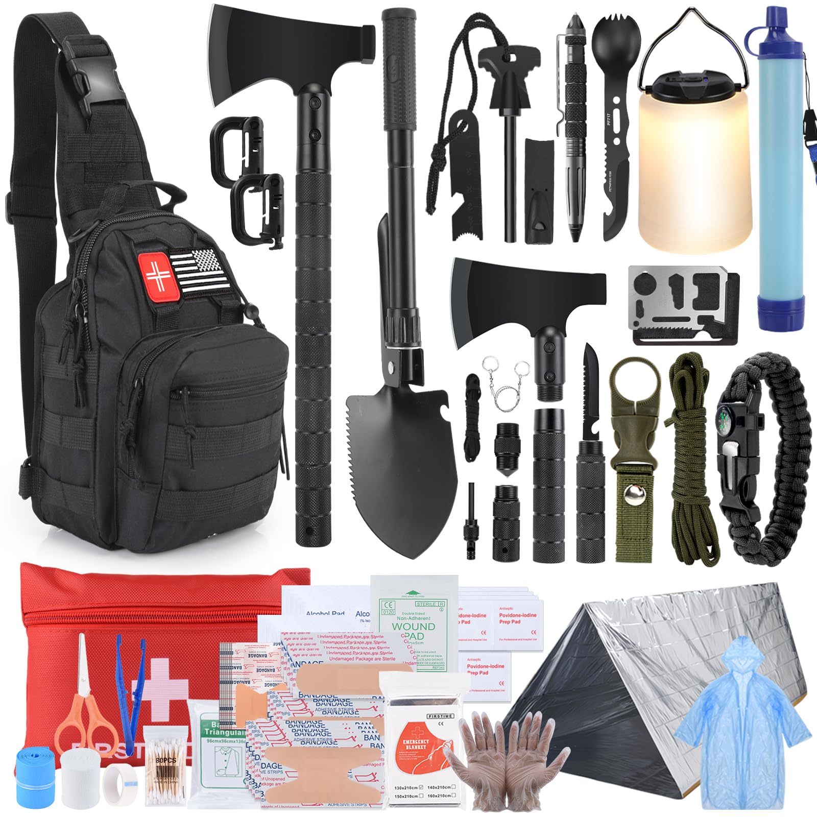 Survival Kit–219Pcs Bug Out Bag with First Aid Kit, Crossbody Bag, Axe, LED Camping Lantern & Water Filter–Emergency Gear for Outdoor Hiking, Hunting, Car Disaster Preparedness–Gift for Men Dad