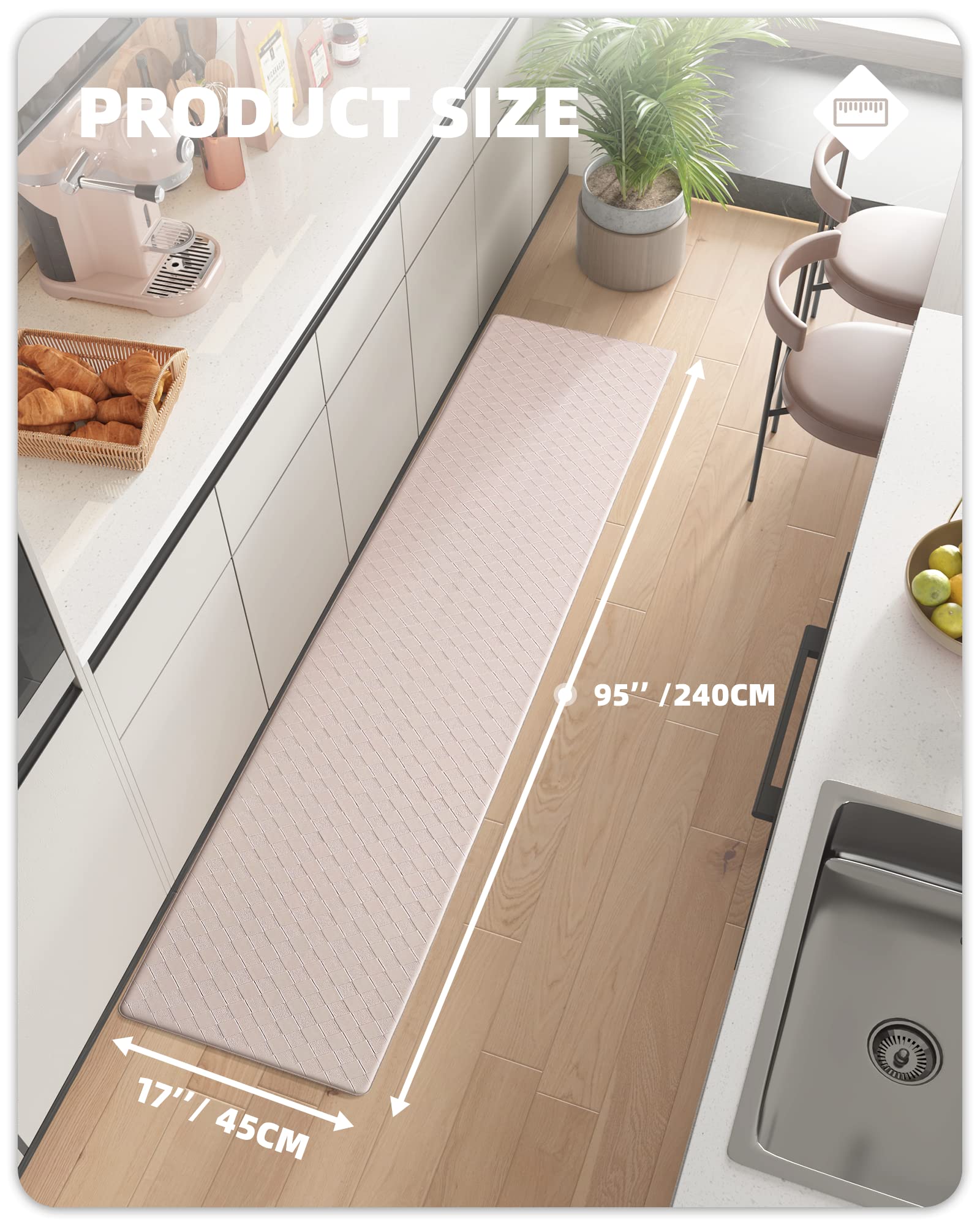 Color G Extra Long Kitchen Runner Rugs Non Skid, Kitchen Mats for Floor Cushioned Anti Fatigue, Foam Padded Kitchen Mats for Standing Comfortable, Wheat Kitchen Rug 17"X95"