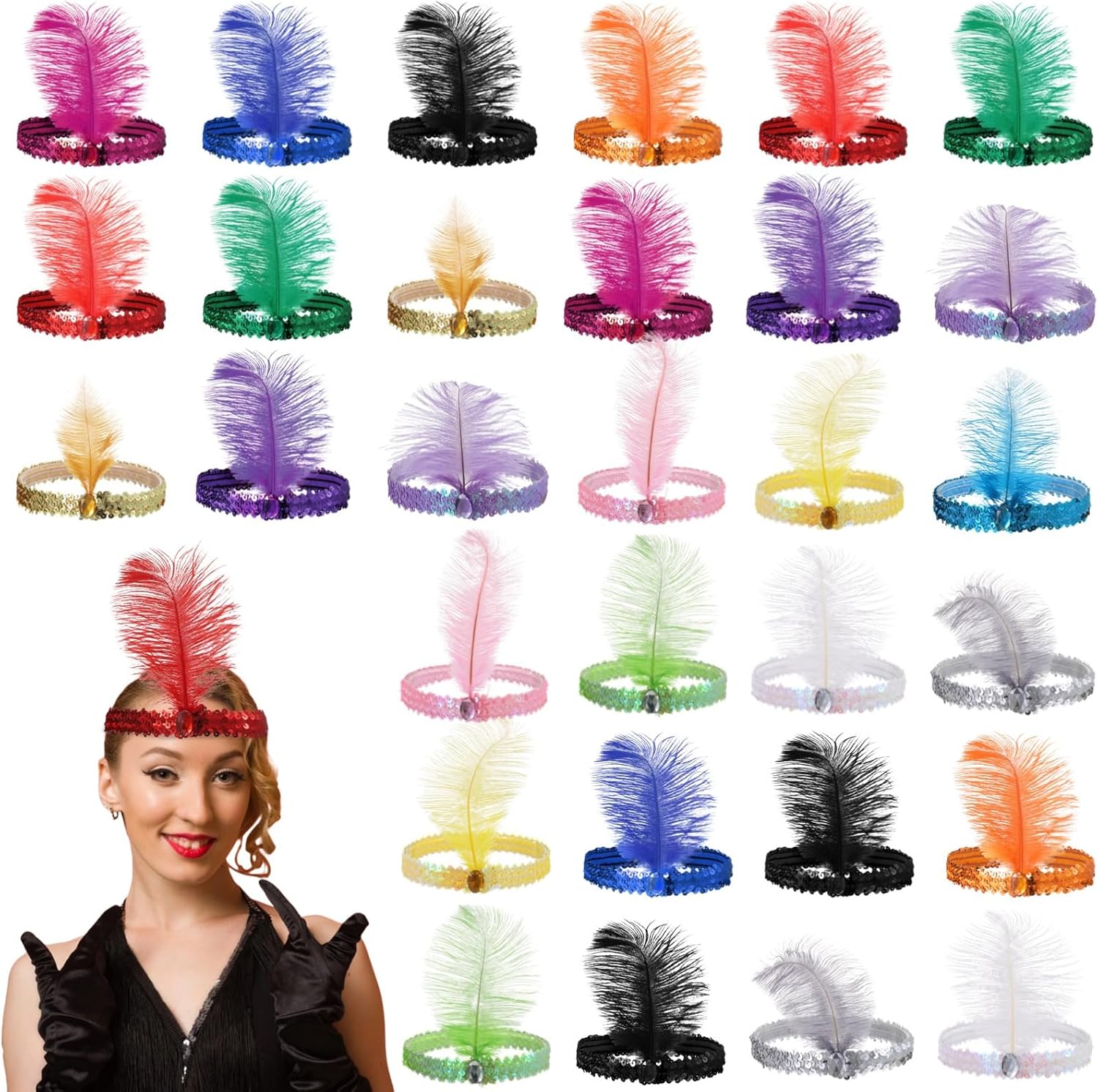 30 Pcs 1920S Flapper Headpieces, Sparkly Sequin Feather Bands For Women, 15 Color Elastic Vintage Rhinestone Accessories For Carnivals, Retro Parties, Themed Celebrations