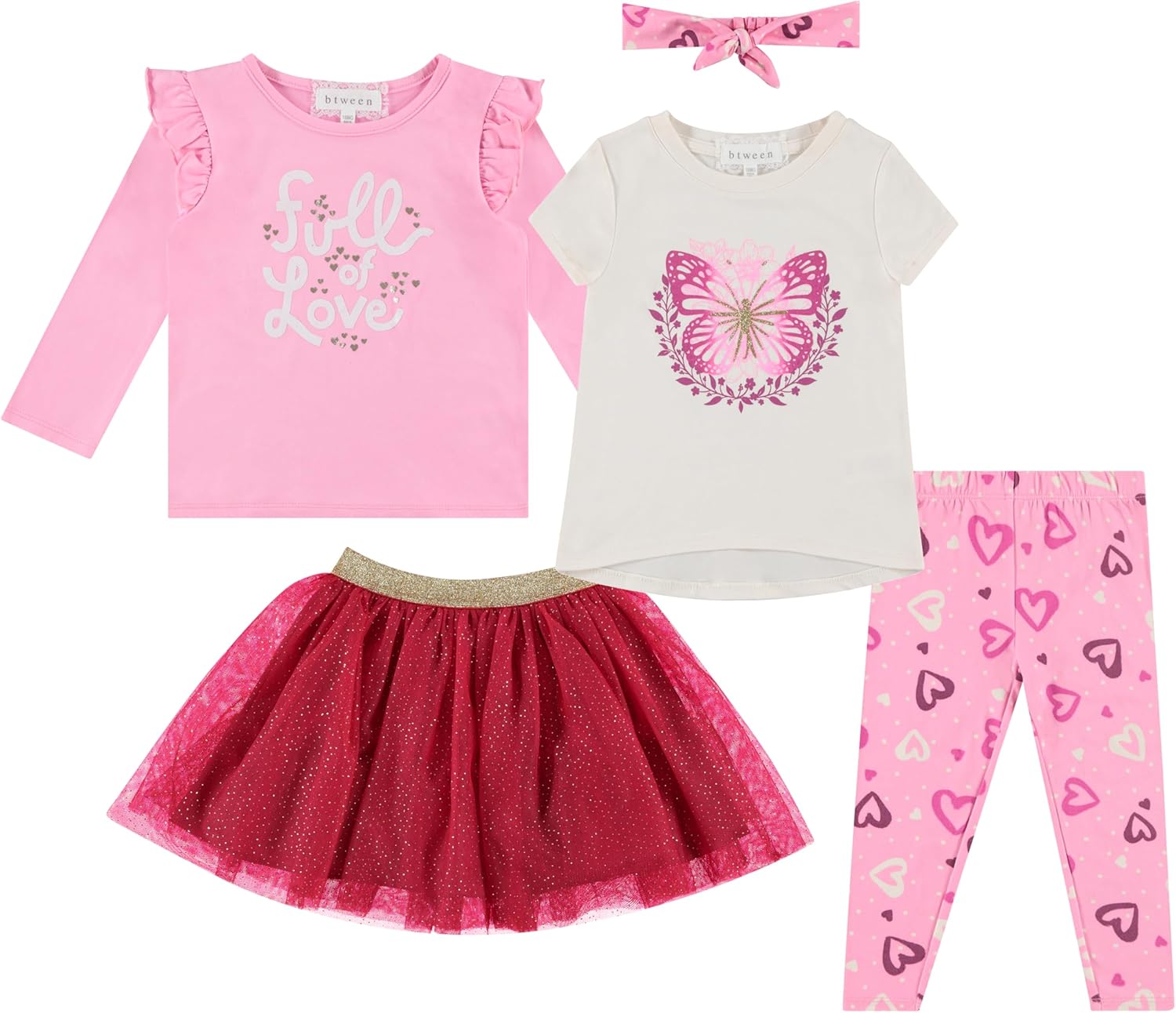 BTween Girls 4 Piece Outfit Set Stylish, Fun, and Versatile Includes Tops, Skirt, and Leggings