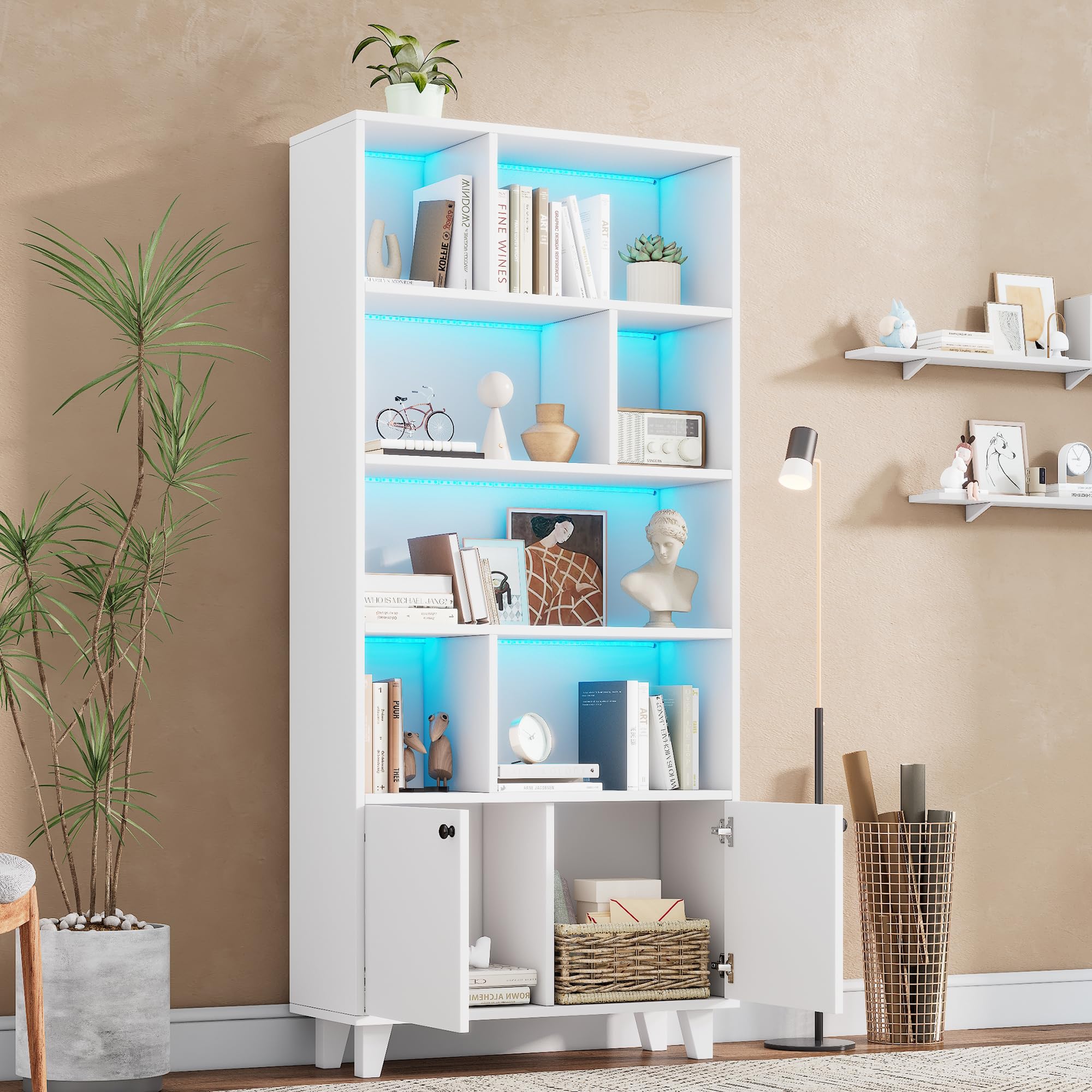 80 x 30 x 173 cm estantería, patas de madera maciza, varios compartimentos, puertas dobles, luz LED que cambia de color, mando a distancia, forma simple (blanco)
