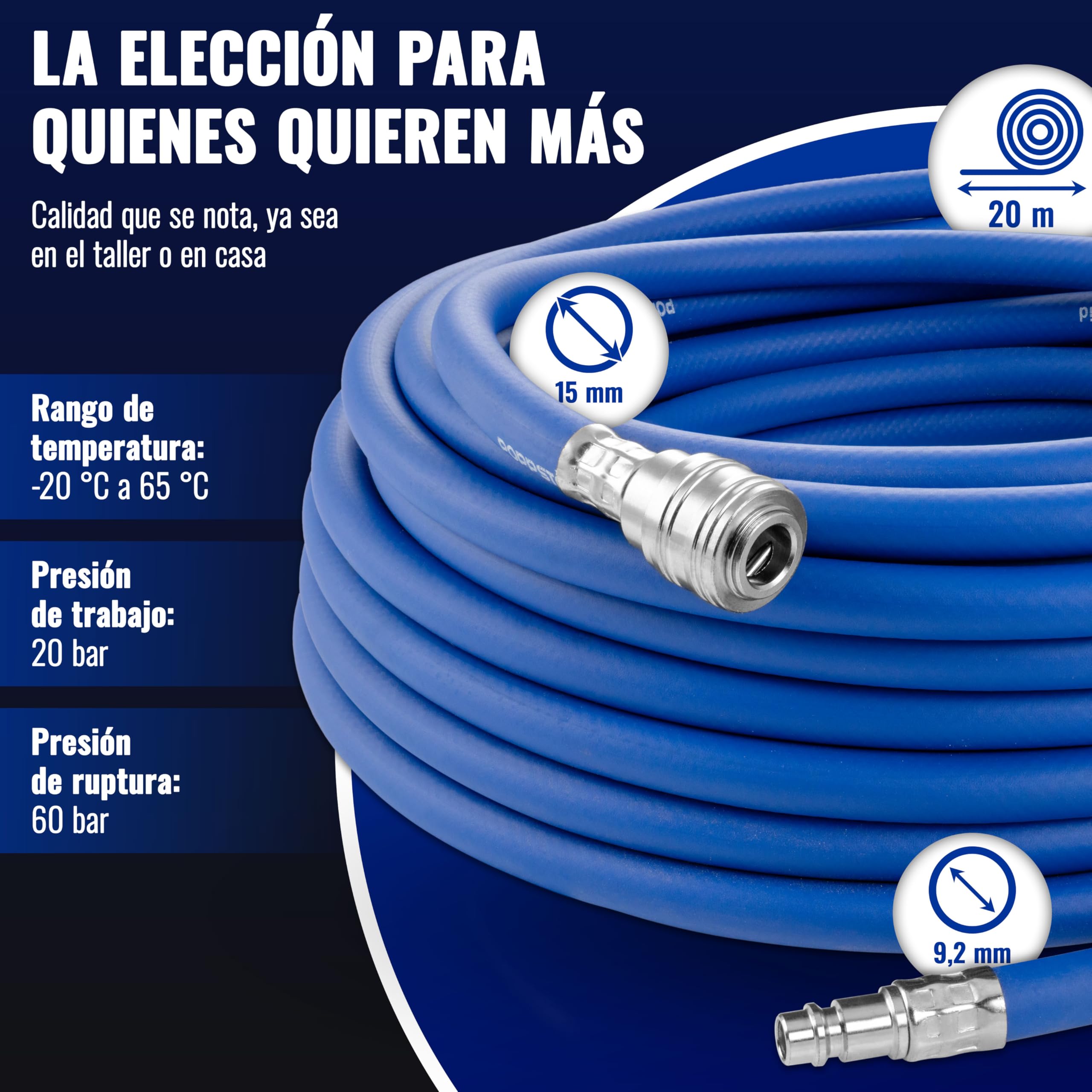 Poppstar Manguera para aire comprimido 20m (PVC híbrido con tejido, diámetro interior 9,2mm con acoplamiento rápido y conector de manguera), hasta 20 bar, azul