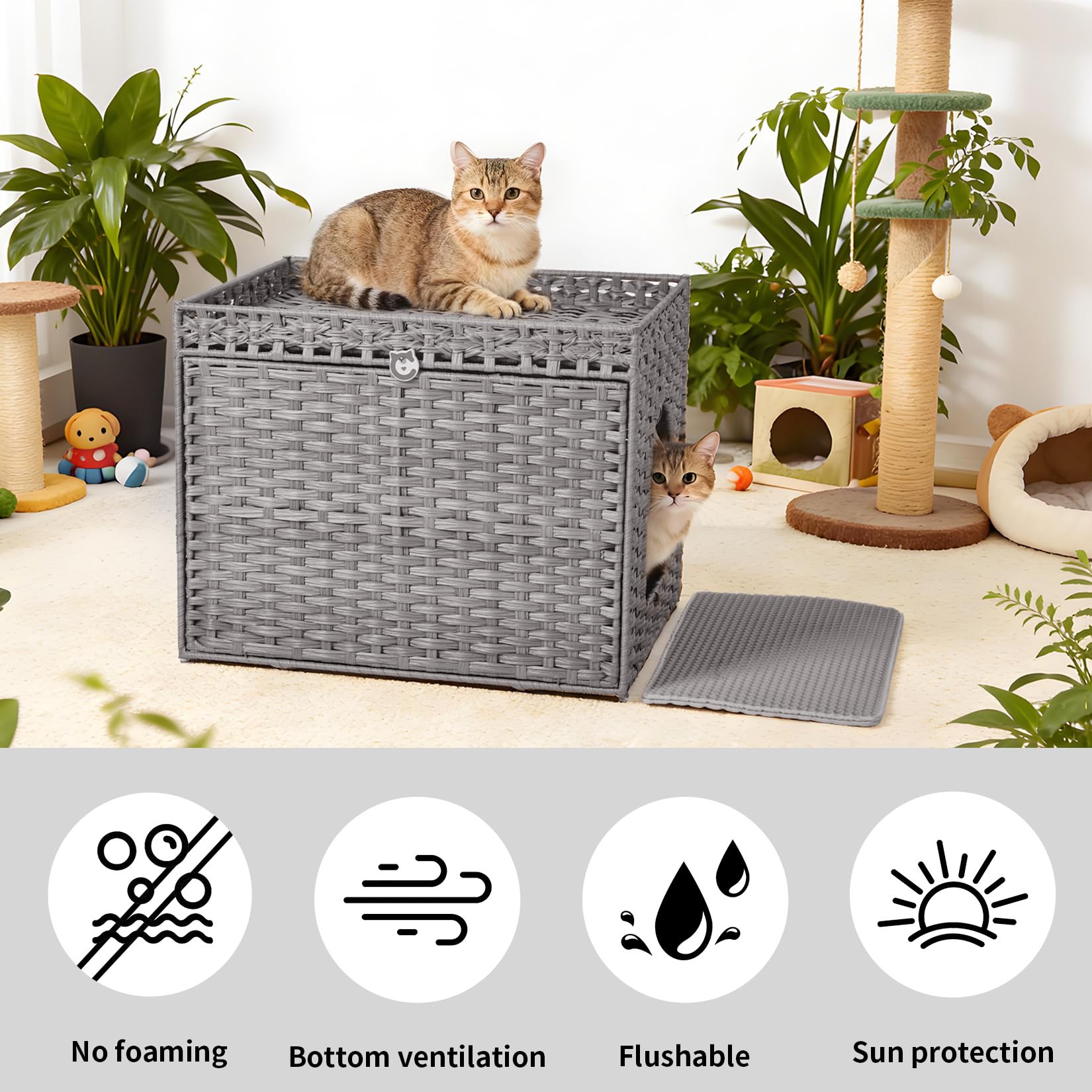 Verstecktes Katzenklo-Möbelstück aus Rattan, Großes Rattan-Katzenhaus mit Katzenklo Matte, Spritz und Geruchsdichtes, Doppelstöckiges Katzenhaus für Wohnzimmer, 70x53x56cm