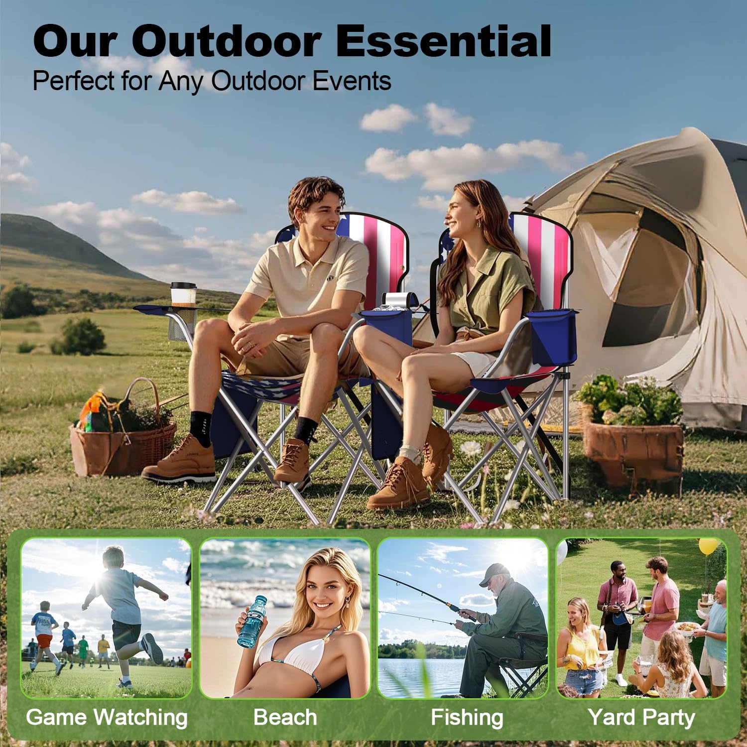 VTOY Folding Camping Chairs Durable 600D Oxford, Portable Outdoor Chair with Cooler Pouch, Cup Holder & Storage Pocket for Camping, Beach, Fishing
