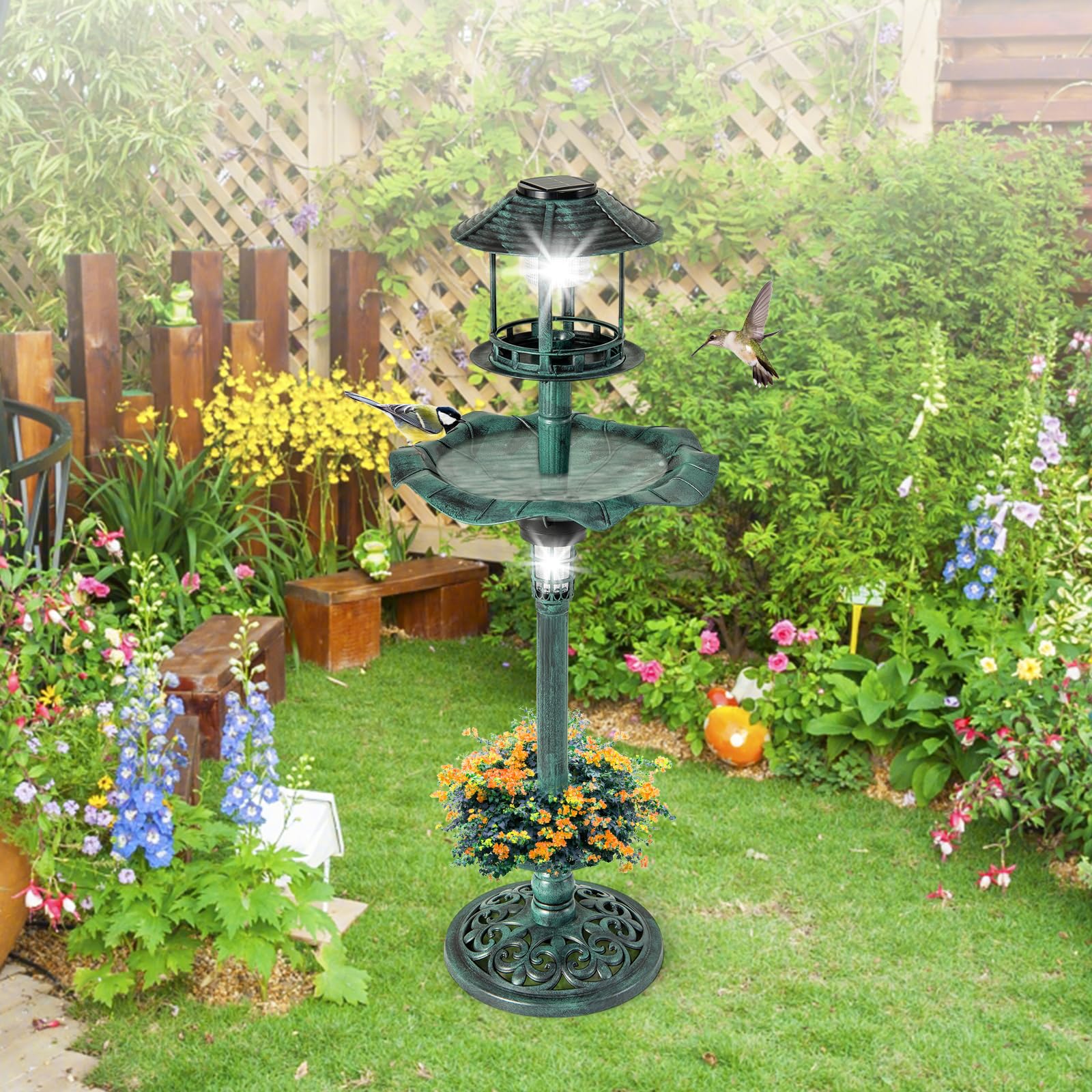 COSTWAY Vasca per Uccelli da Giardino a Energia Solare, Abbeveratoio e Mangiatoia per Uccelli da Esterno con 2 Lampade a Energia Solare, Fioriera e Supporto Riempibile (Verde)