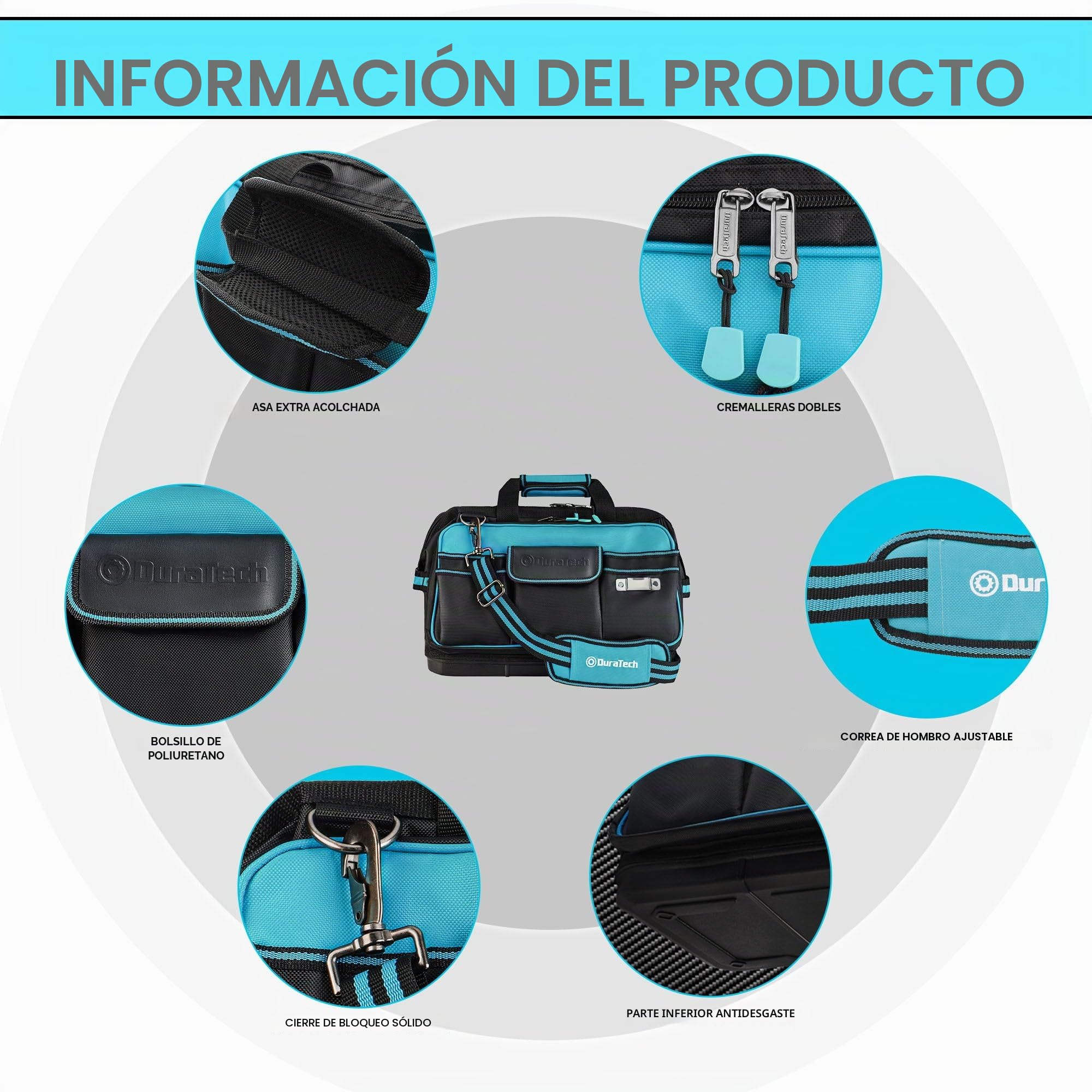 DURATECH Bolsa de Herramientas 43 x 29 x 30 cm, Bolsa de Herramientas con Carga Máxima 30 kg, Respaldo Rígido Resistente al Agua, Correa Ancha Ajustable para el Hombro, Cremallera Flexible