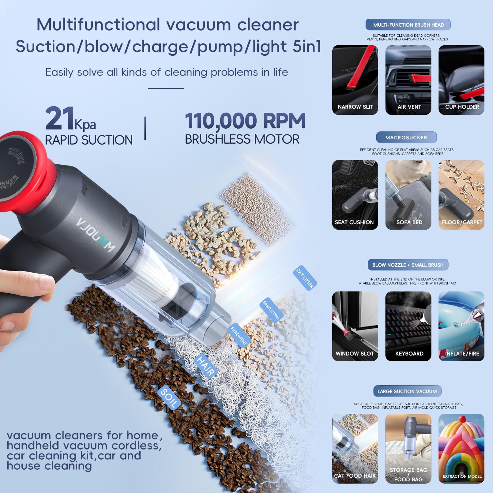 Car Vacuum Portable Cordless, 21000pa Strong Suction Lightweight Mini Vacuum/Blower Accessories Crevice Tool, Rechargeable Handheld Vacuums Cleaner for Home,Offices,Apartment,pet Hair,Small Space
