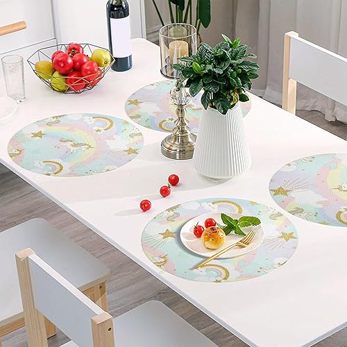 Miniatura 6 de Manteles individuales de mesa de comedor con unicornios dorados brillantes, juego de manteles individuales antideslizantes lavables para mesa de
