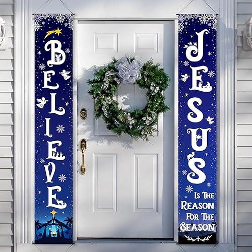 Miniatura 7 de Tiamon Cartel de Navidad para porche delantero, letrero de belén religioso de invierno, cartel colgante de vacaciones, decoración de Navidad para