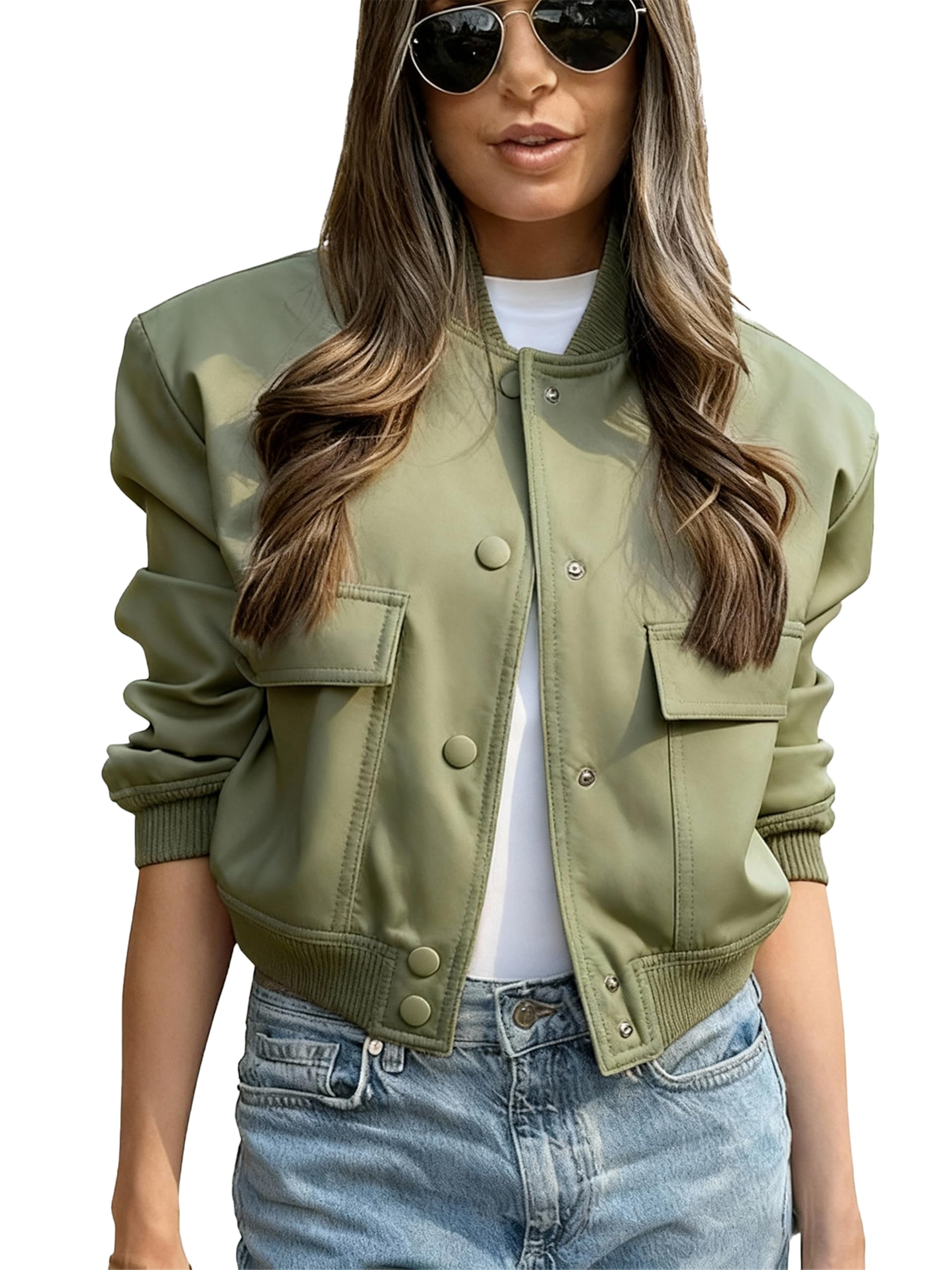 Women Crop Bomber Jacket Button Down Varsity Jacket Olive Green S