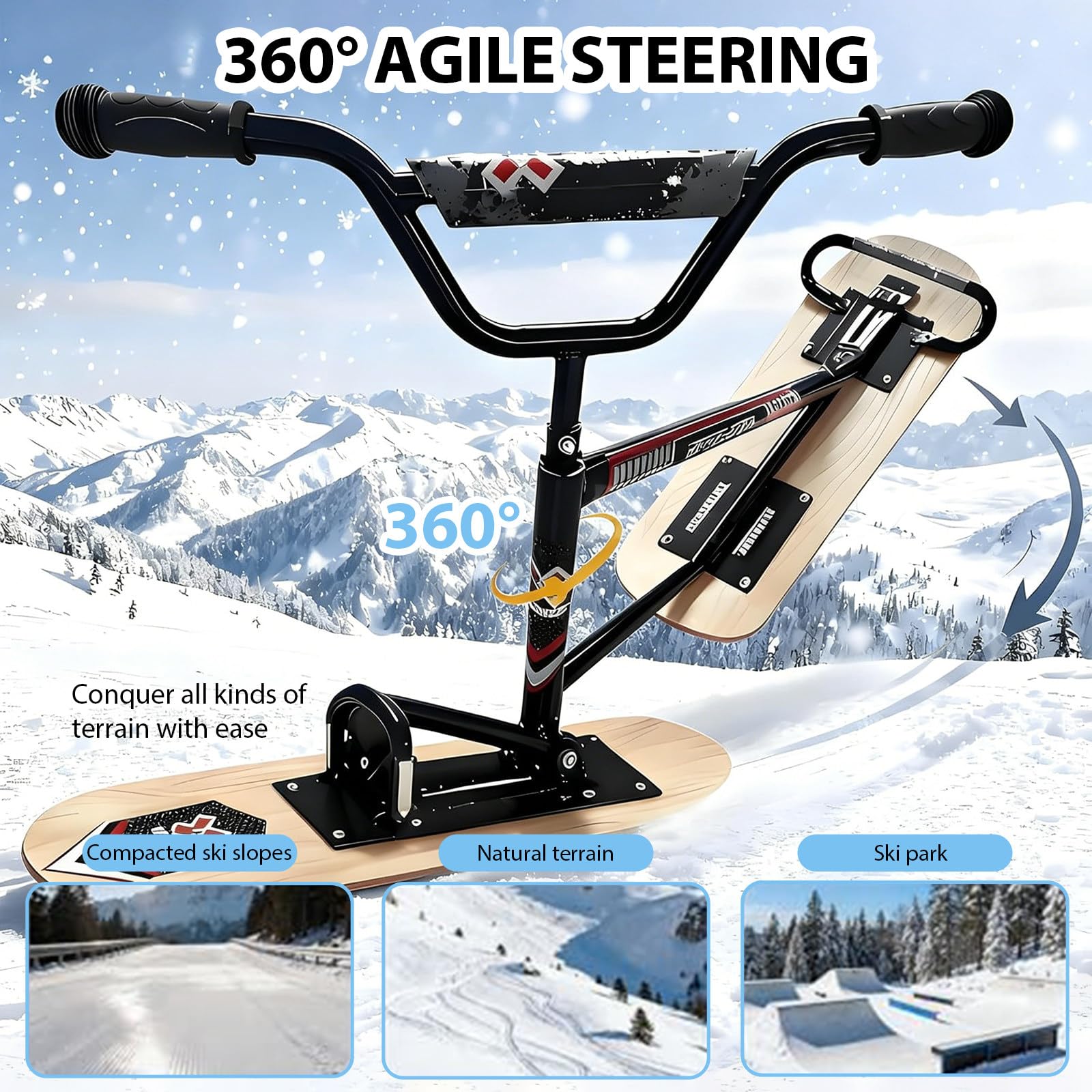 Monopattino da Neve per Adulti, Monopattino da Neve all-Terrain con Design Girevole a 360°, capacità di Carico di 150 kg, Sci da Neve per Tutti I Terreni per L'entroterra Woodcolor