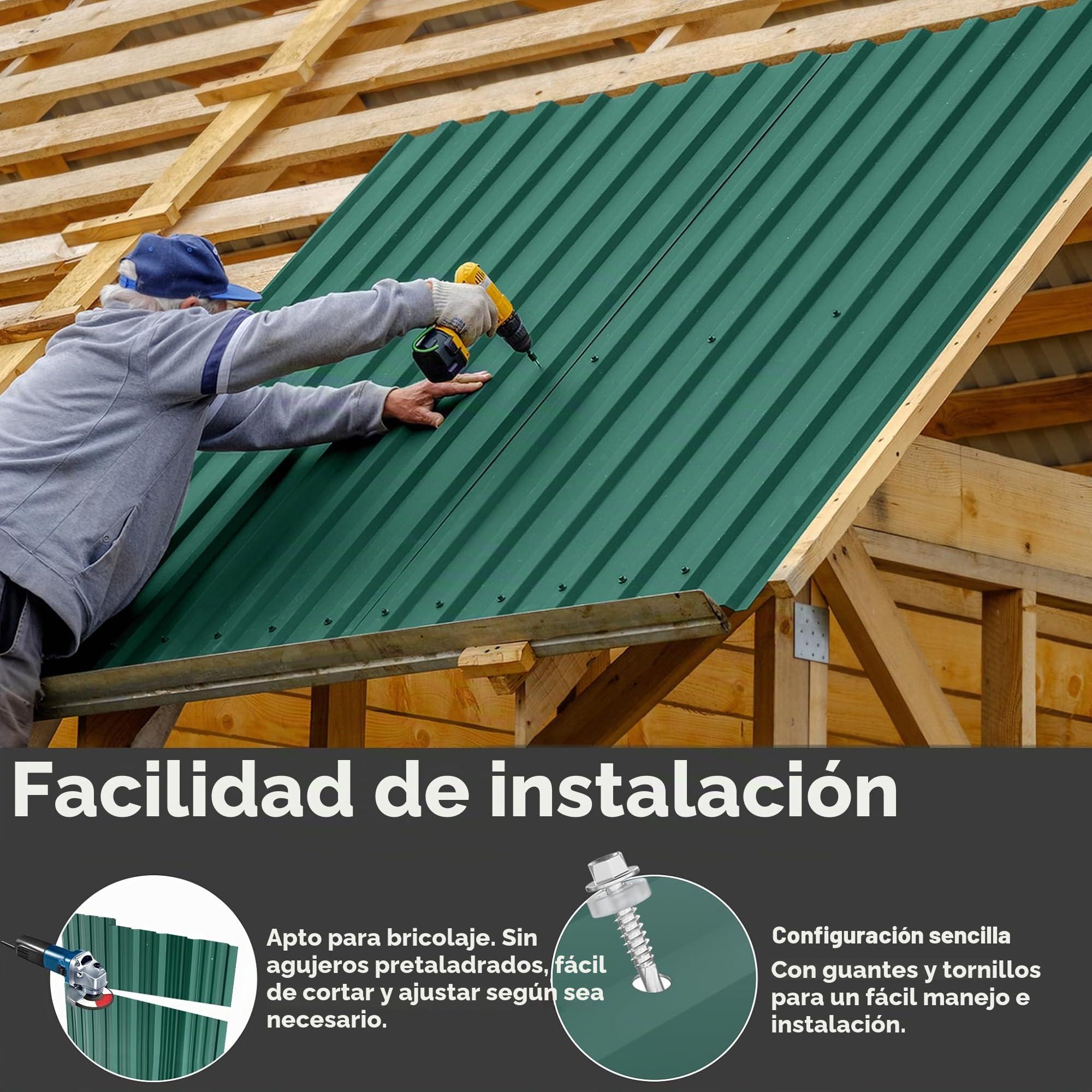 ACXIN 12 láminas perfiladas trapezoidales de 129,5 x 45 cm = 7 m², galvanizadas, placas onduladas, chapa de acero galvanizado, para cobertizo y cochera, con tornillos y guantes de montaje, color verde