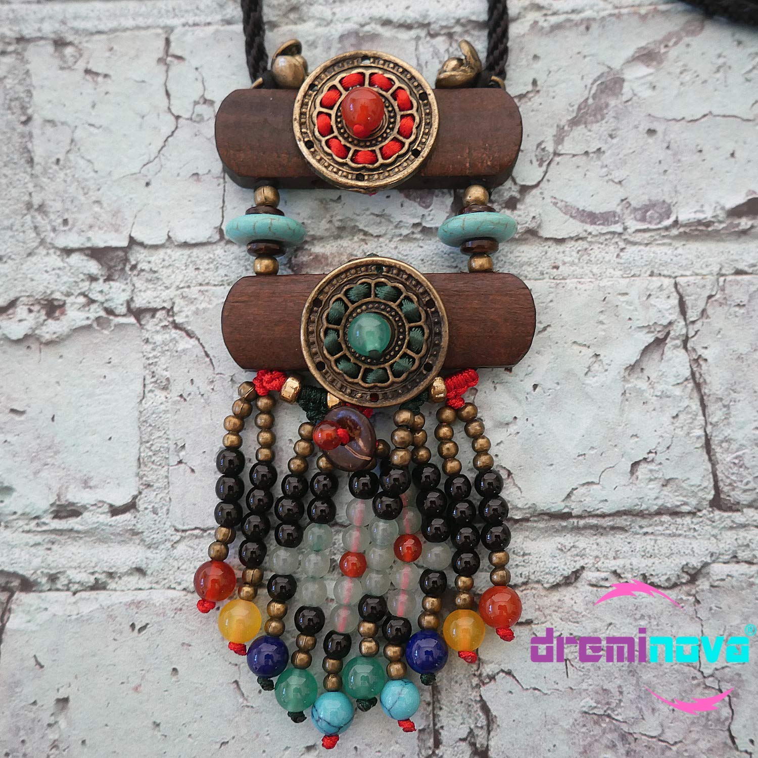 DREMINOVA Bohemian Beaded Necklace for Women Long Boho Pendant Wood Mala Beads Wooden Strand Tassel Stone Bohemian Necklaces for Women Jewelry