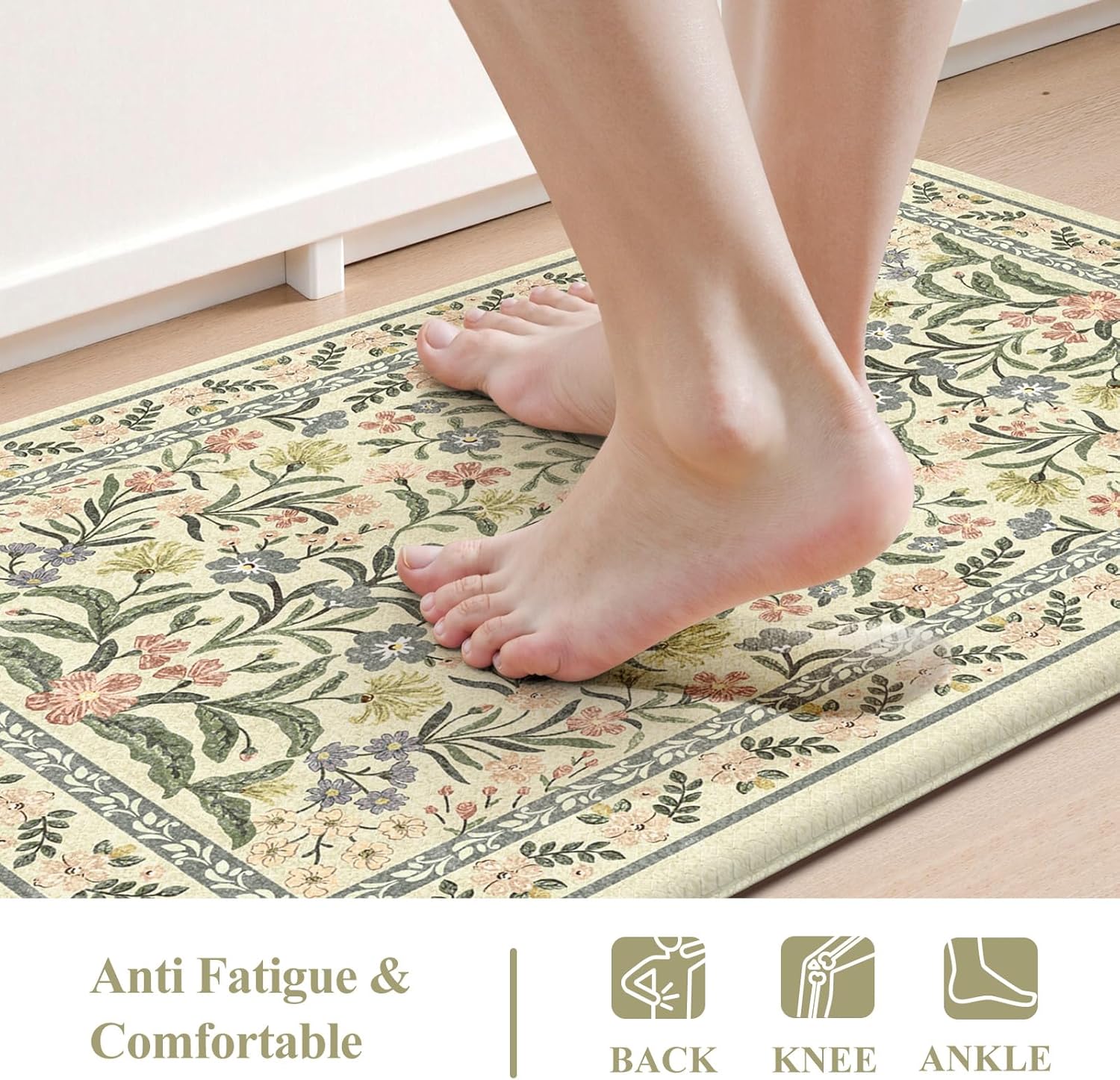 Collive Kitchen Mats for Floor 2PCS, Cushioned Anti Fatigue Rugs Non Slip Waterproof Kitchen Sink Mat, Floral Comfort Standing Mat for Bar, Office, Desk, Home Decor, Beige 20" x 47" + 20" x 32"