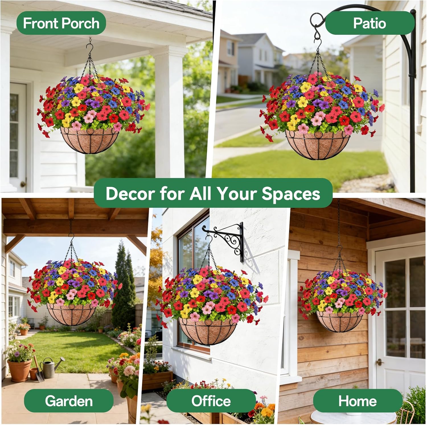 ZeeDix Artificial Flowers Hanging Baskets for Outdoors, 14 Inch Hanging Planter with 18 Pcs UV Resistant Waterproof Fake Silk Flowers Look Real for Front Porch Patio Balcony Garden Home Decor