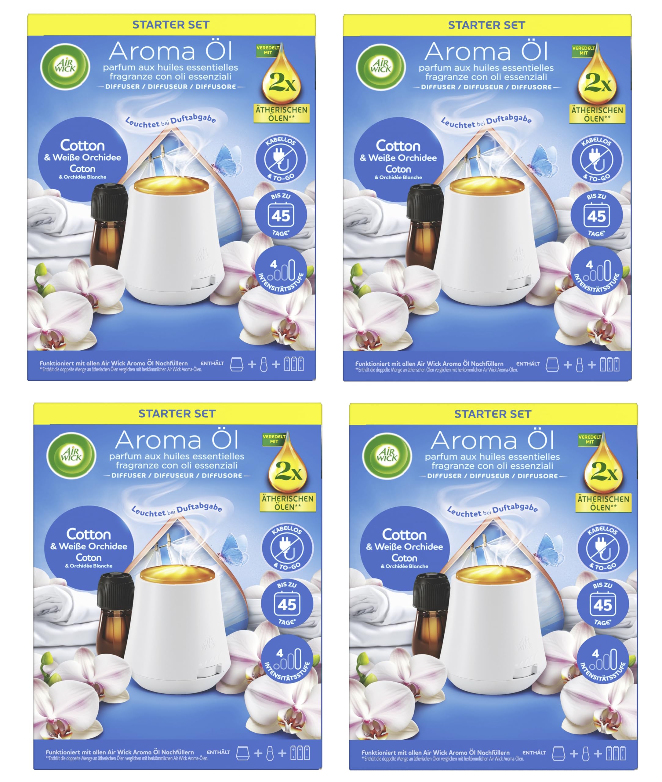 Air Wick Aroma-Öl Diffuser Starter-Set – 4 Sets mit je 1 elektrischem Gerät und 1x20ml Duftöl Nachfüllflakon Cotton & Weiße Orchidee für Raumbeduftung und Wohlfühlatmosphäre