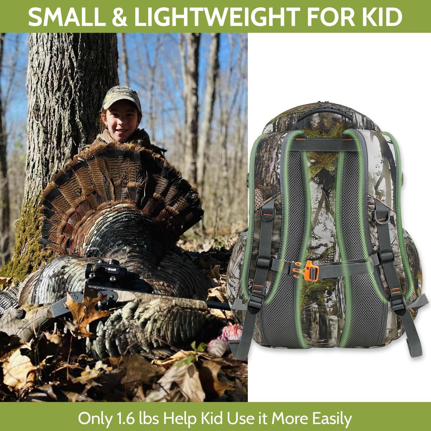 Wild Cedar 30L Kids Camo Hunting Backpack with 11 Pockets, Small Lightweight Hunting Bag for Youth, Day Pack for Travel, Hiking, Camping