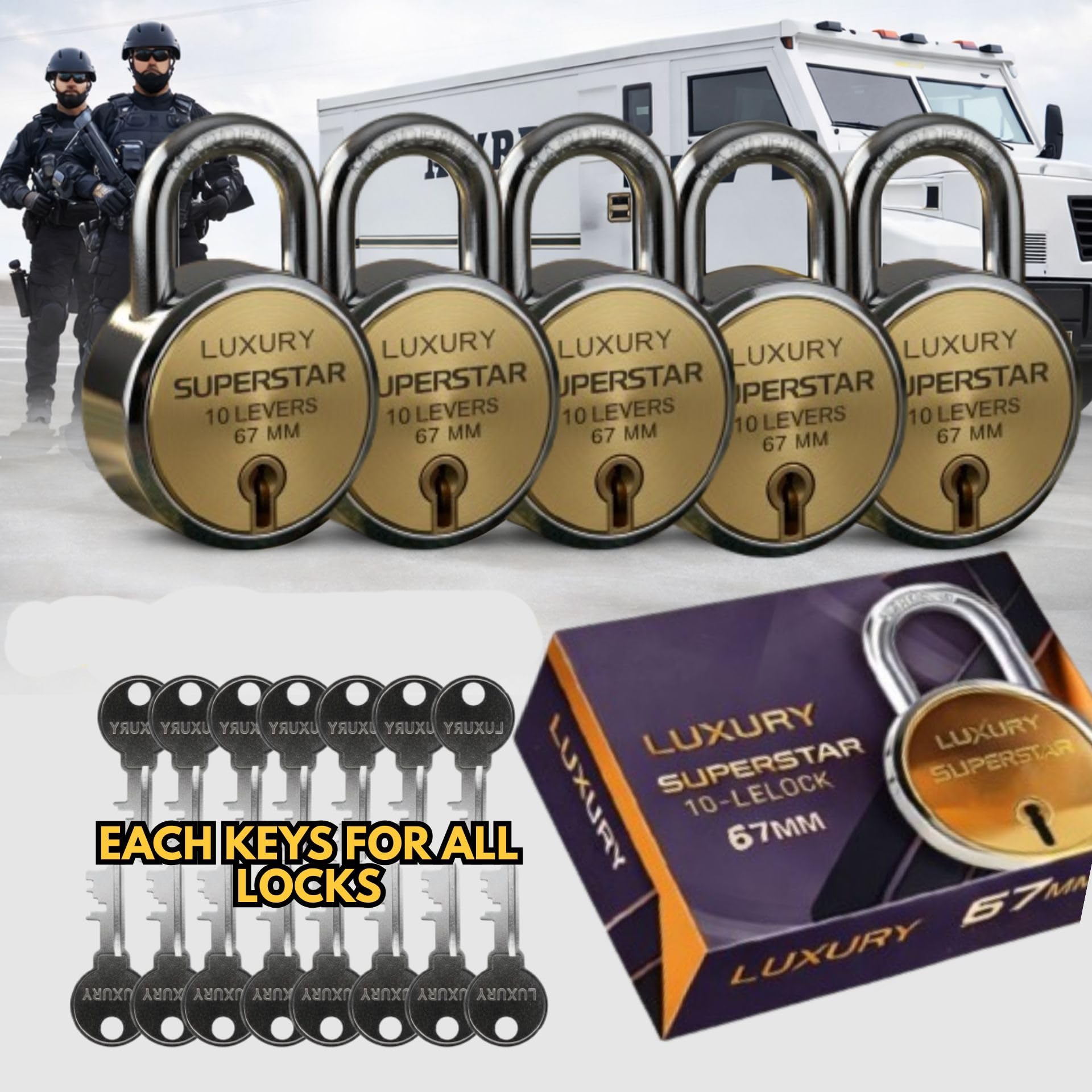 ONEPRO Luxury Superstar Padlock 67mm | 10 Lever Double Locking High Security Lock | Hardened Steel Shackle | Set of 5 Padlocks with 3 Each Keys | for Home, Shop, Gate & Godown-picture-13