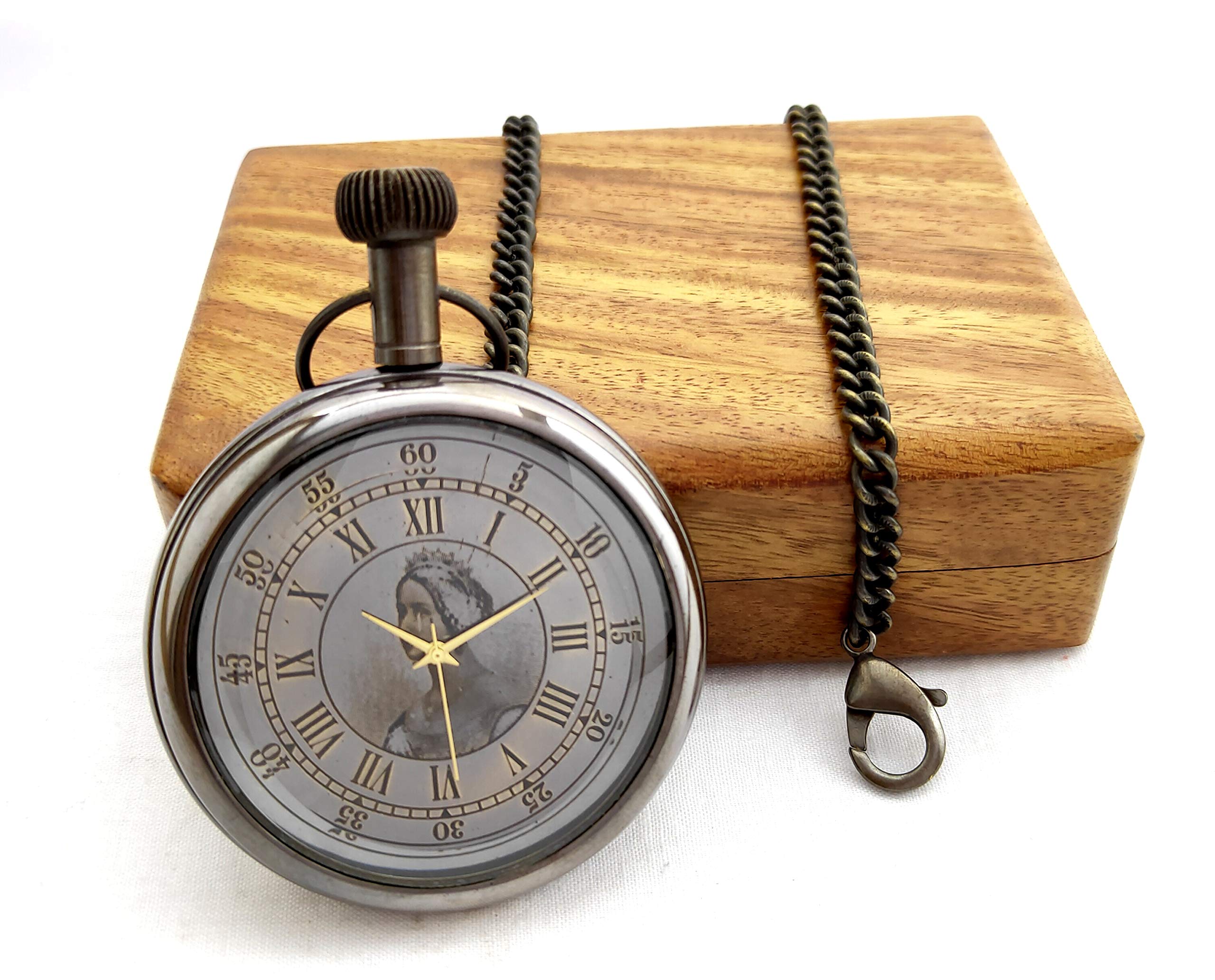 Antique Analog Pocket Watch with Wood Box (Queen Dial)-image-11