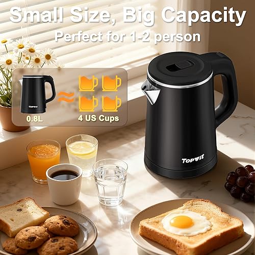 Miniatura 7 de Hervidor eléctrico pequeño de 0.8 L, hervidor de viaje portátil de acero inoxidable – 800 W de ebullición rápida, apagado automático y protección de