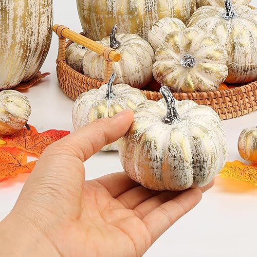Miniatura 4 de DomeStar 16 calabazas artificiales doradas, calabazas falsas surtidas, calabazas de cosecha de otoño, pequeñas calabazas doradas de imitación para