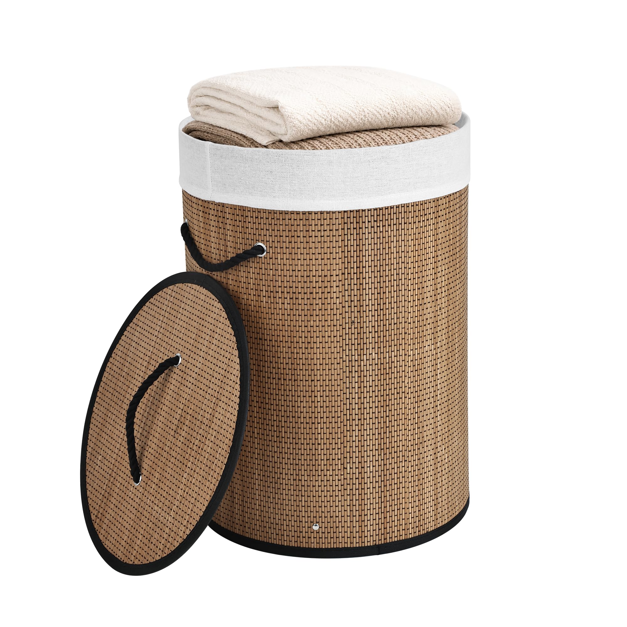 RAVQENIA Thin Bamboo Strips Round Laundry Basket with Lid, 48 L