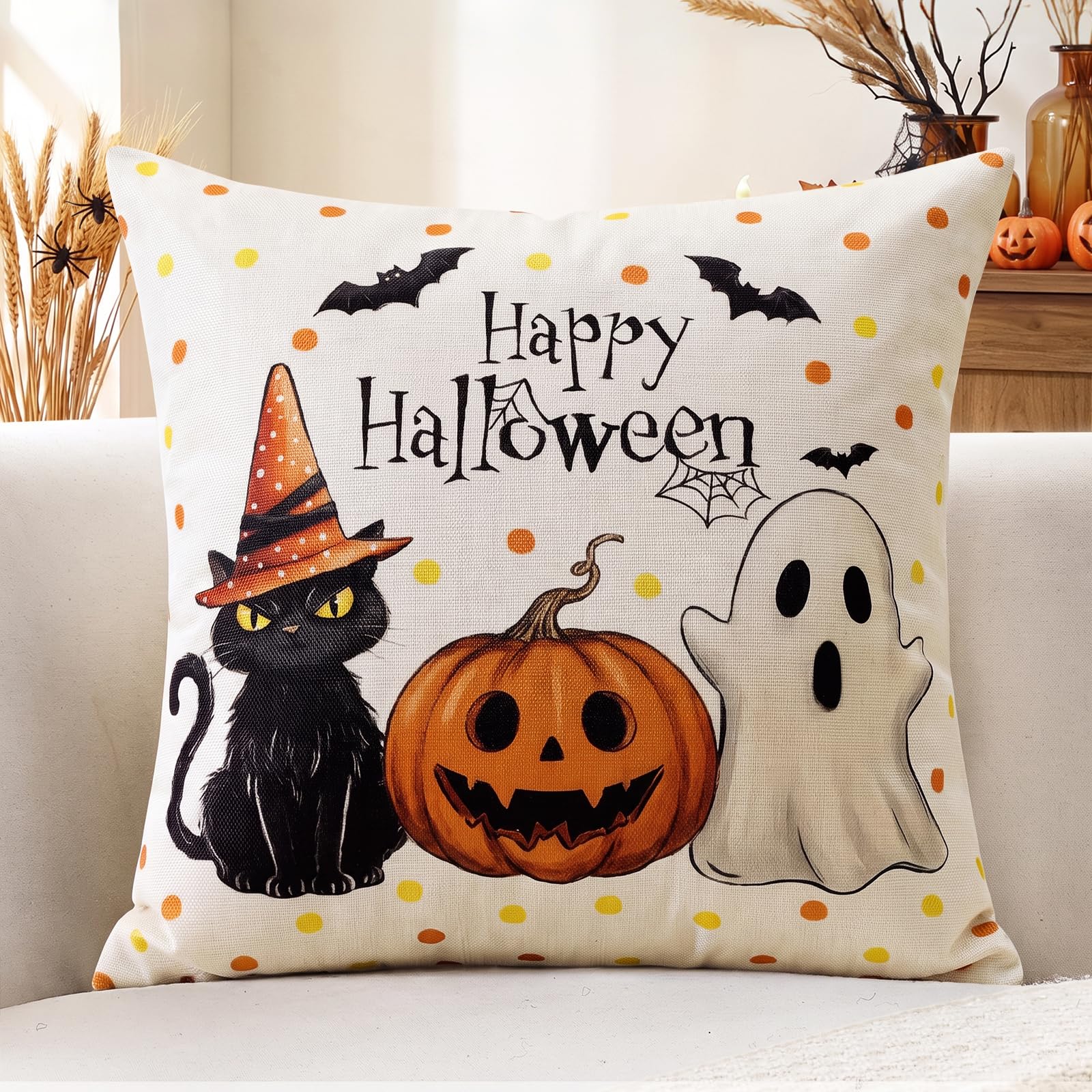 Artscope Halloween Cushion Cover 50x50cm, Set of 1 Black Cat Pumpkin Ghost Pillowcase Autumn Halloween Pillow Cover for Sofa Living Room Holiday Party Fall Decor