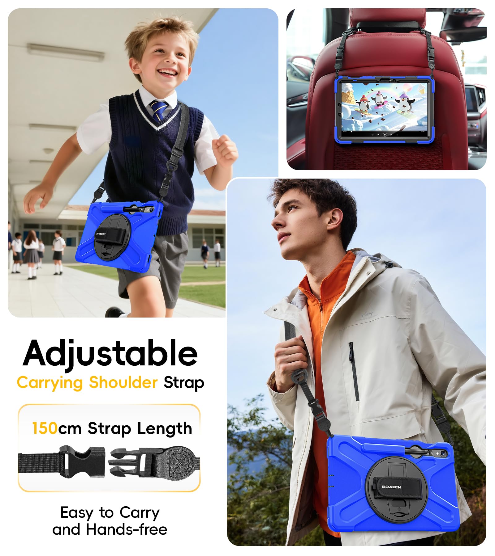 BRAECN Custodia per Galaxy Tab S9/S8/S7 11 pollici 2023, custodia protettiva in silicone antiurto resistente con staffa rotante a 360 cavalletto, tracolla, porta penna S per Galaxy Tab S9 FE 10,9''-BU