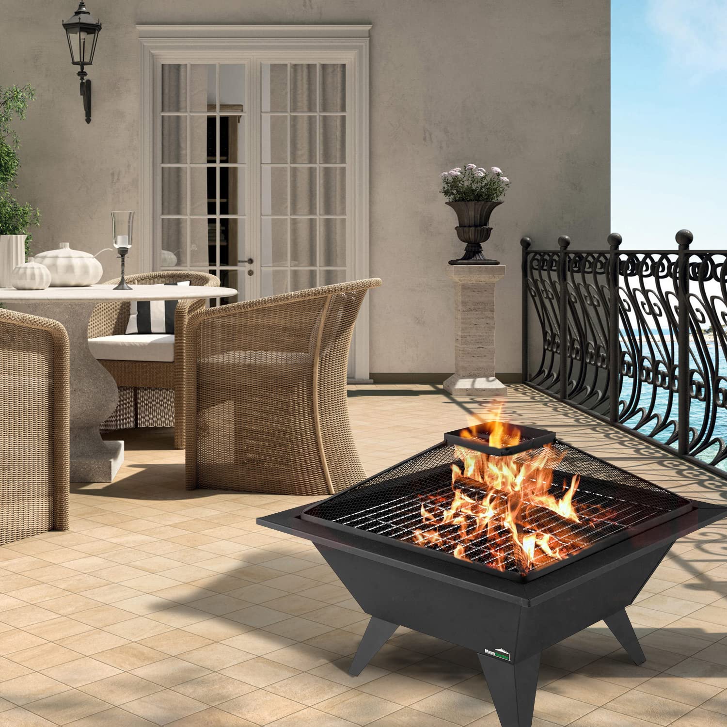 MaxxGarden Braciere da Esterno - Ciotola di Fuoco con Griglia per il Giardino - 53x53 cm - Colore Nero