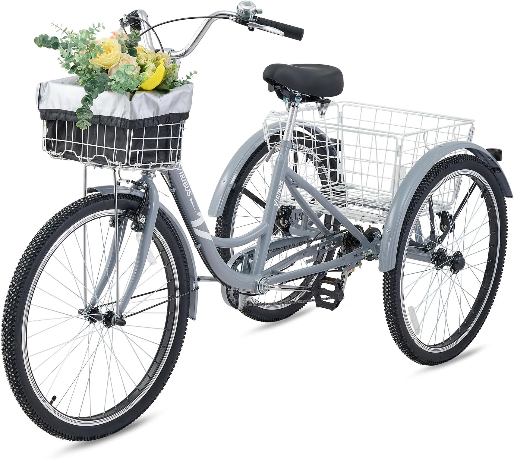 Viribus Adult Tricycle, 7 Speed Tricycle for Adults with Front & Rear Removable Wheeled Baskets, 3 Wheel Bikes for Adults 24 or 26 in, Adult Tricycles for Women Men, Adults Trike 400 lb. Grey